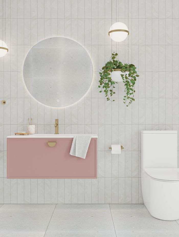 Francisco vanity in Cherry Blossom with Barnsley drawer front and a Brushed Brass Nero handle.