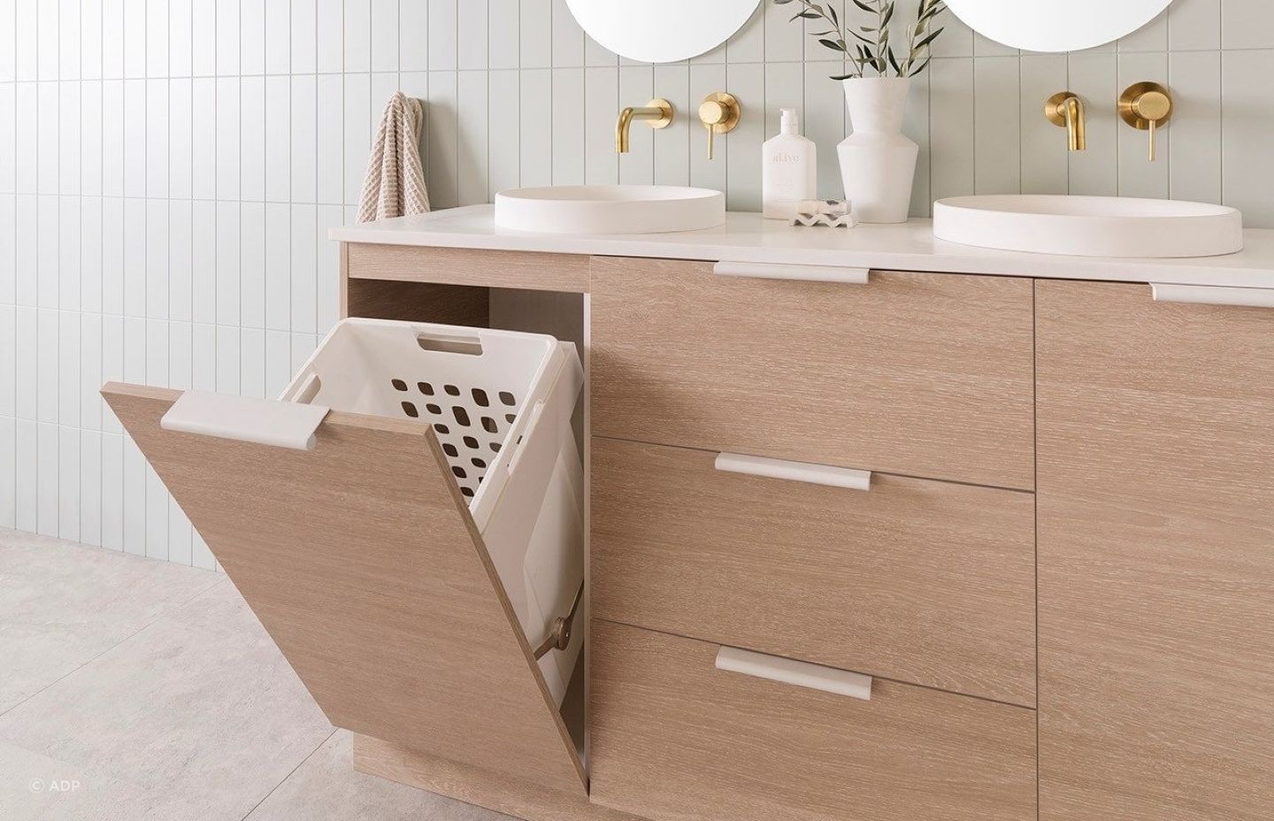 Ingenuity in design with the stylish Glacier Hamper Vanity.