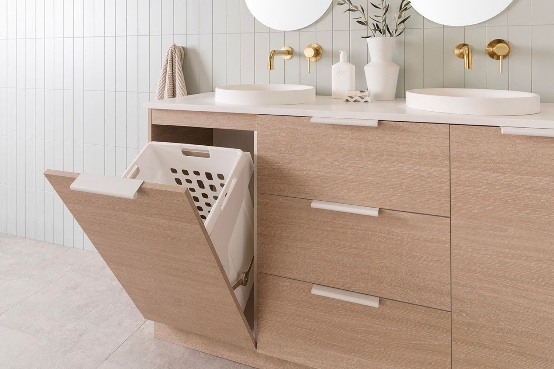 Ingenuity in design with the stylish Glacier Hamper Vanity.