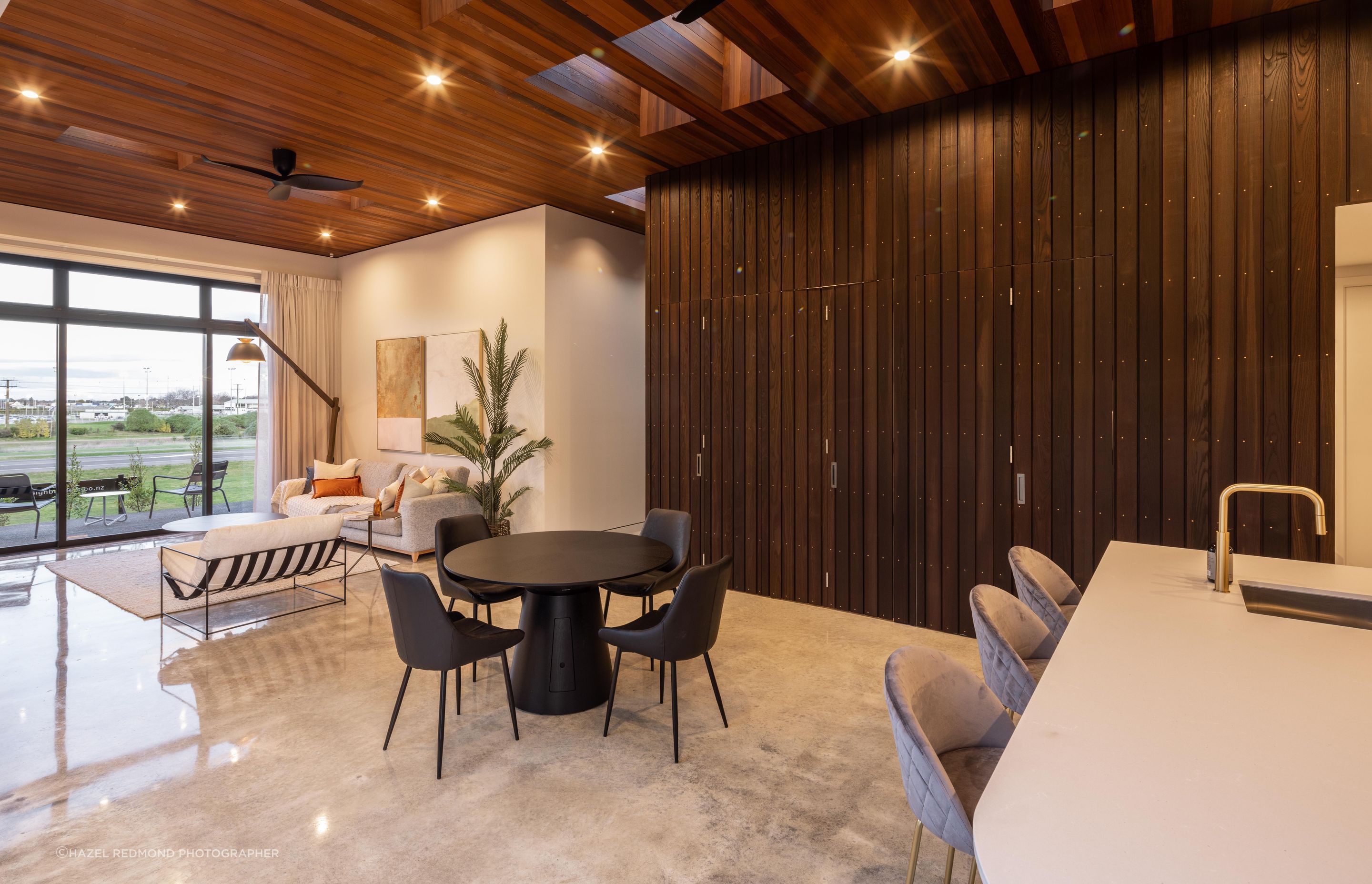 Thermory Ash vertical shiplap is ideal for an interior cladding because it doesn't contain any chemicals. This project was built by Design Builders, Hawke's Bay. Image credit: Hazel Redmond.