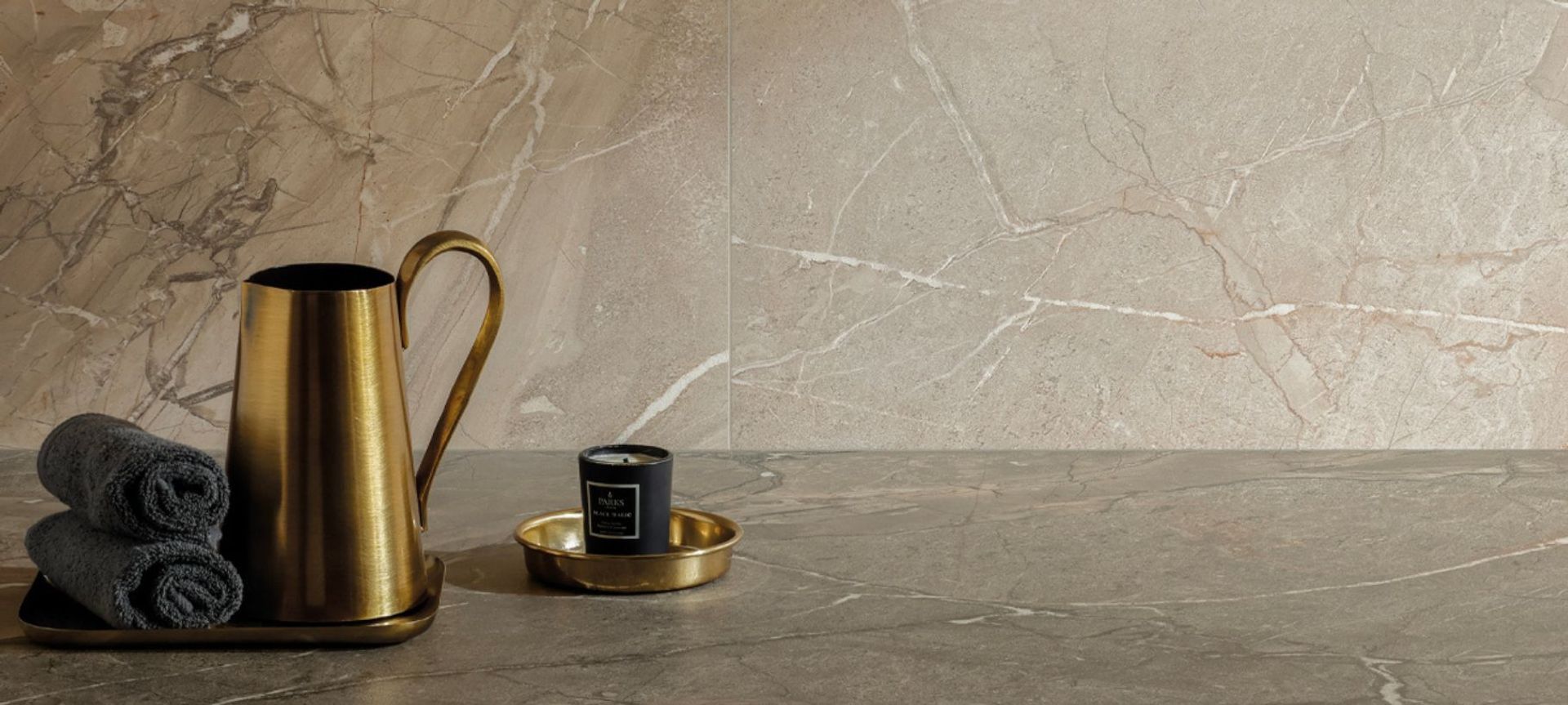 'Amaranto' is a collection of glazed porcelain stoneware with a coloured body. Inspired by natural marble stone with a combination of thick and delicate veins in white, grey and copper that dissect the surface of the base design.