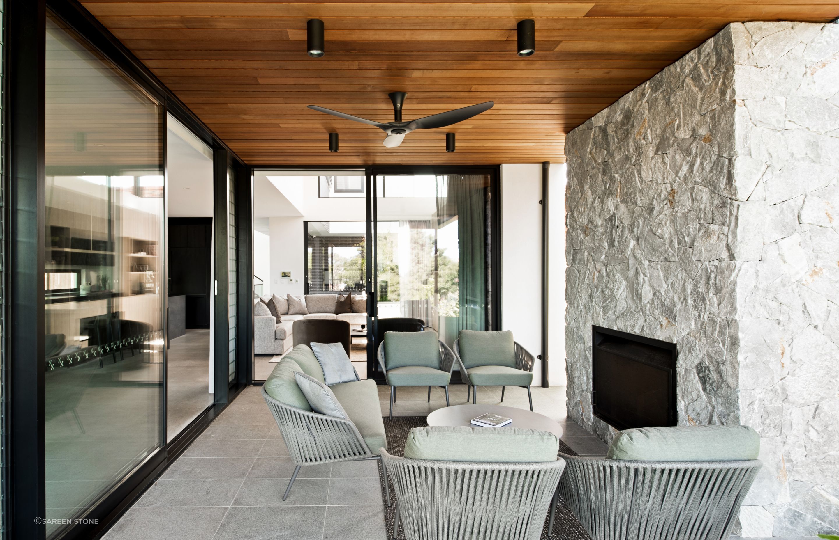 Hotham wall cladding adds depth and character to your space with its soft grey tones and warm highlights.