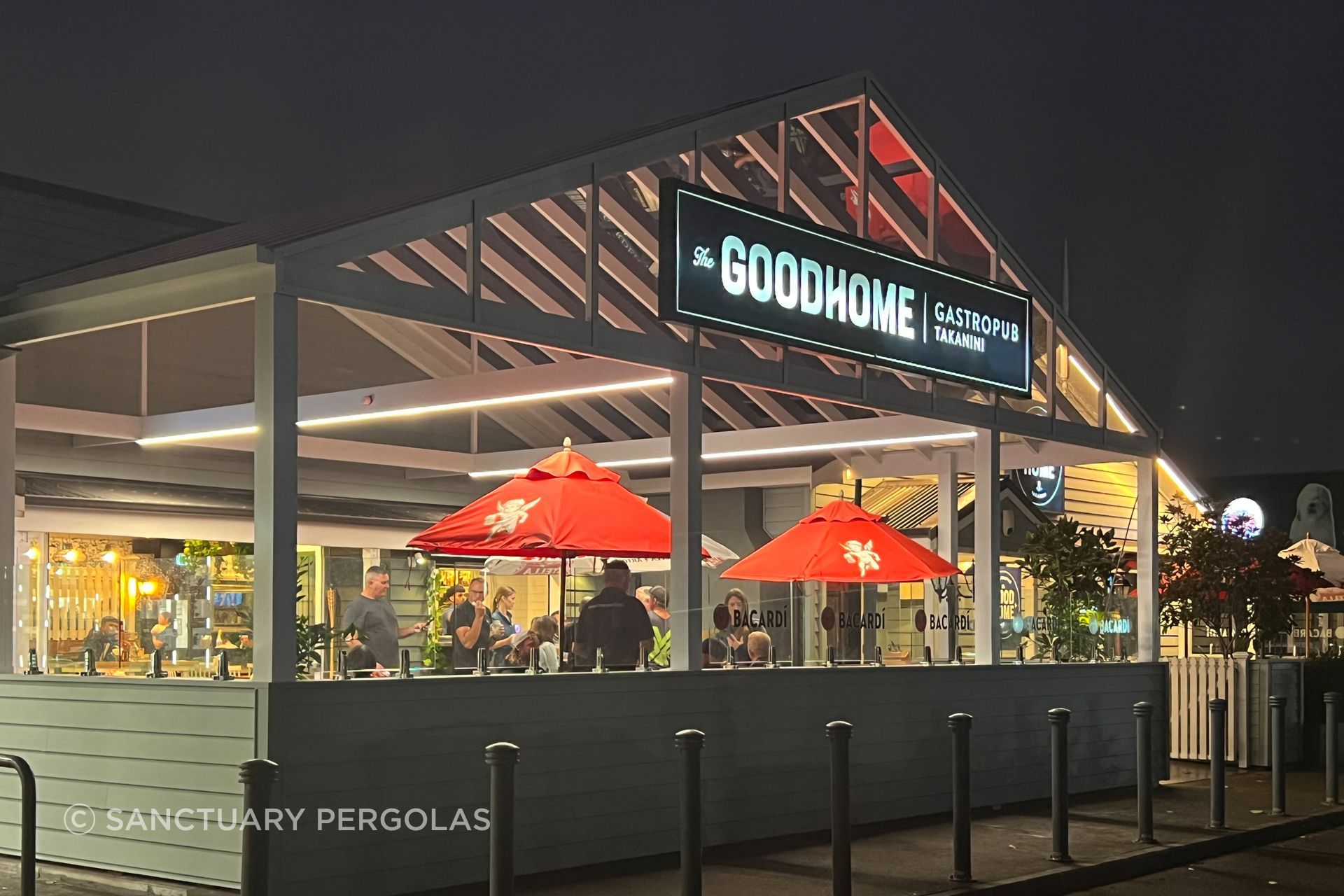 Commercial premises can double their footprint by having a pergola installed. This one for Goodhome gastropub by Sanctuary Pergolas creates architectural continuity with its pitched roofline.