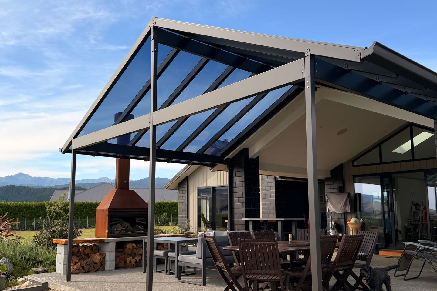 "The polycarbonate roofing provides excellent UV protection and shields from wind, rain, hail, and snow — which was important for this Ashburton property located in a snow zone... Dulux’s Protexture range is ideal for the metal frame as it is scratch-resistant and doesn’t show fingerprints, which helps to keep the canopy looking good as new."