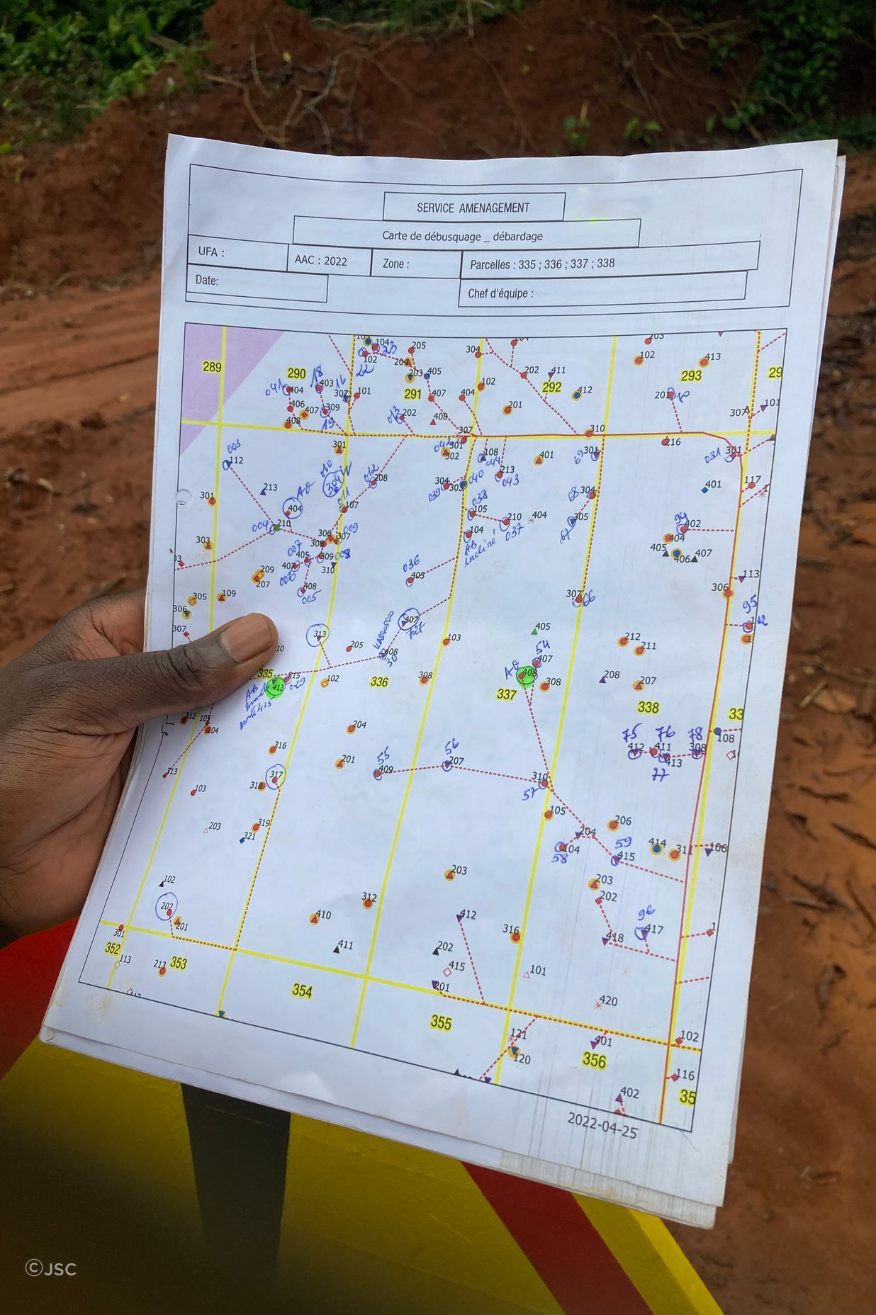 This map displays the layout of the blocks and the specific areas being managed. The numbered sections, such as "338" in the highlighted yellow box, correspond to particular areas of the forest designated for harvest. The tree with the number “216” on the map also indicates its exact location within the block. This systematic numbering ensures a traceable and verifiable process.