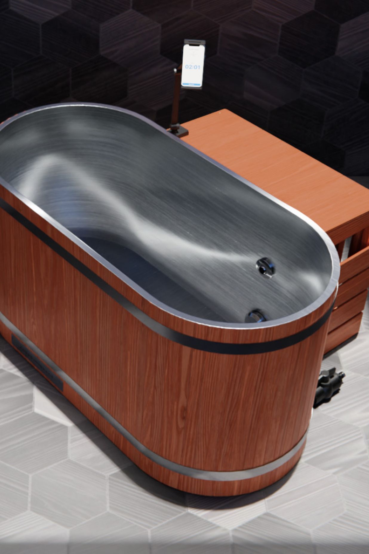 Found Space's ice bath is made from premium stainless steel and Japanese cedar, and can chill water to three degrees Celsius.