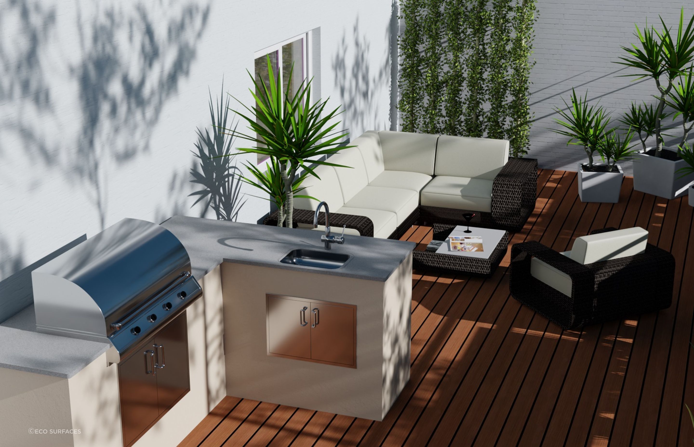 A serene outdoor benchtop in Iron Bark from Eco Surfaces.