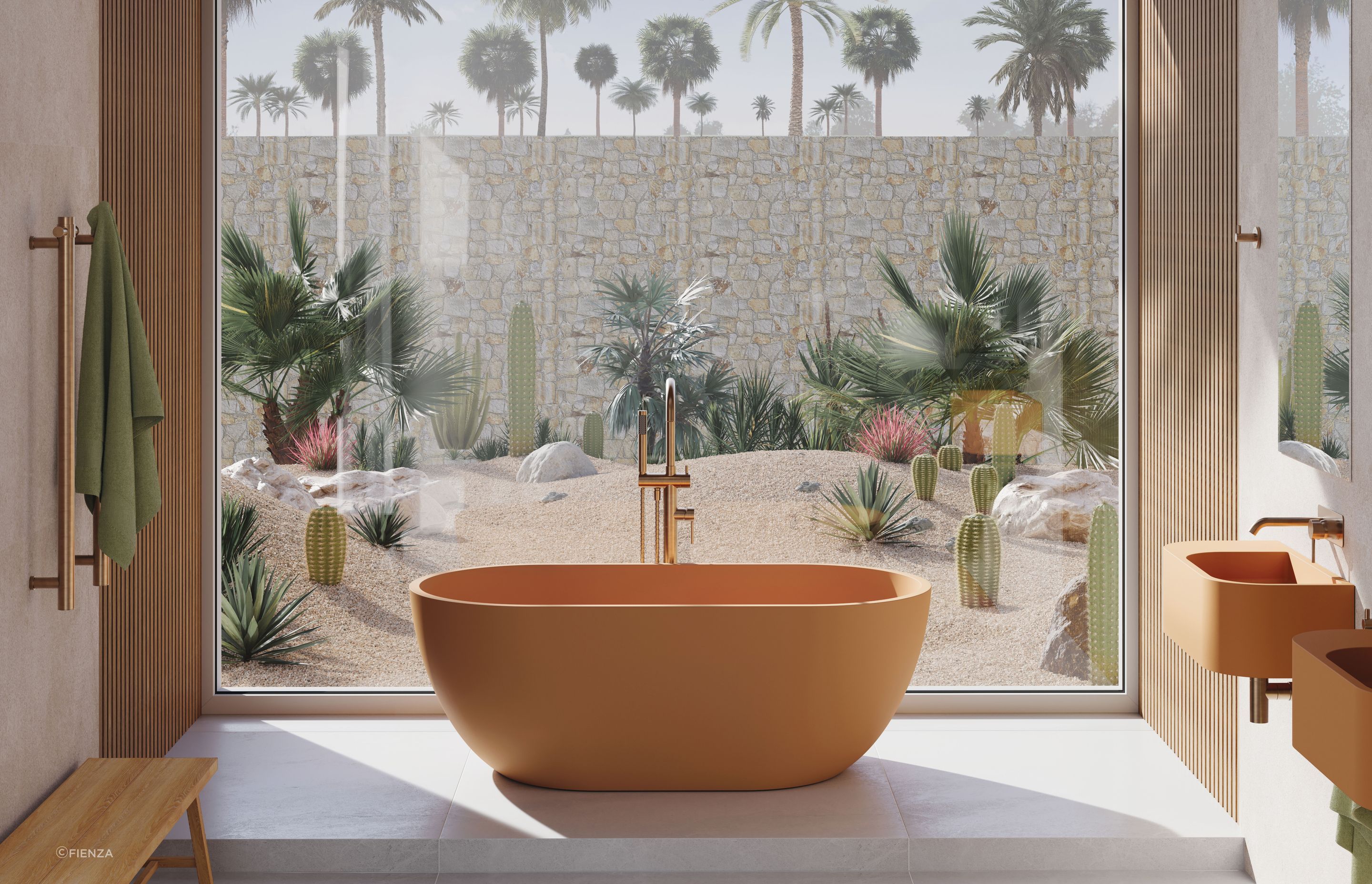 Fienza's new range of coloured concrete basins and baths are a great way to add colour to your bathroom. Pictured are the Blanca Wall Basins and Jada Freestanding Bath in Tuscan.