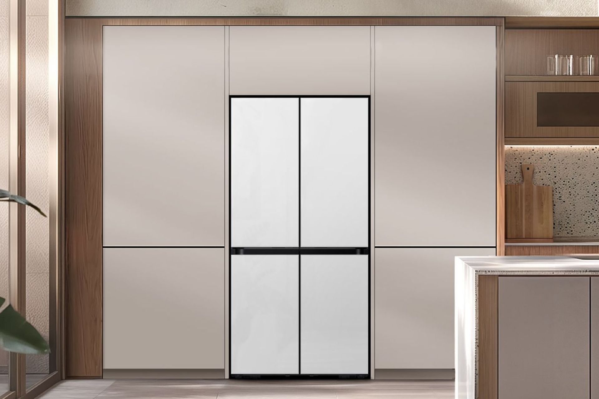 Samsung's Kitchen Fit models allow the fridge to sit flush with the cabinetry.