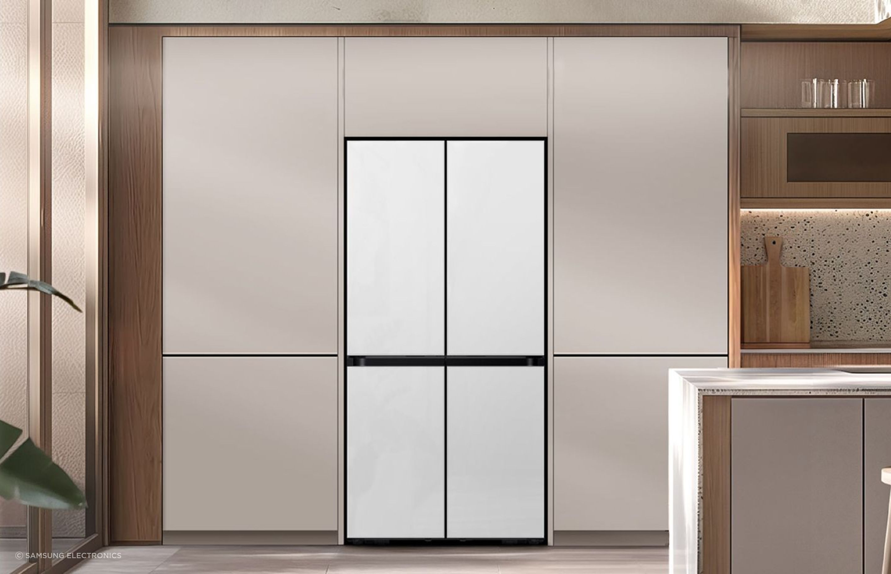 Samsung's Kitchen Fit models allow the fridge to sit flush with the cabinetry.