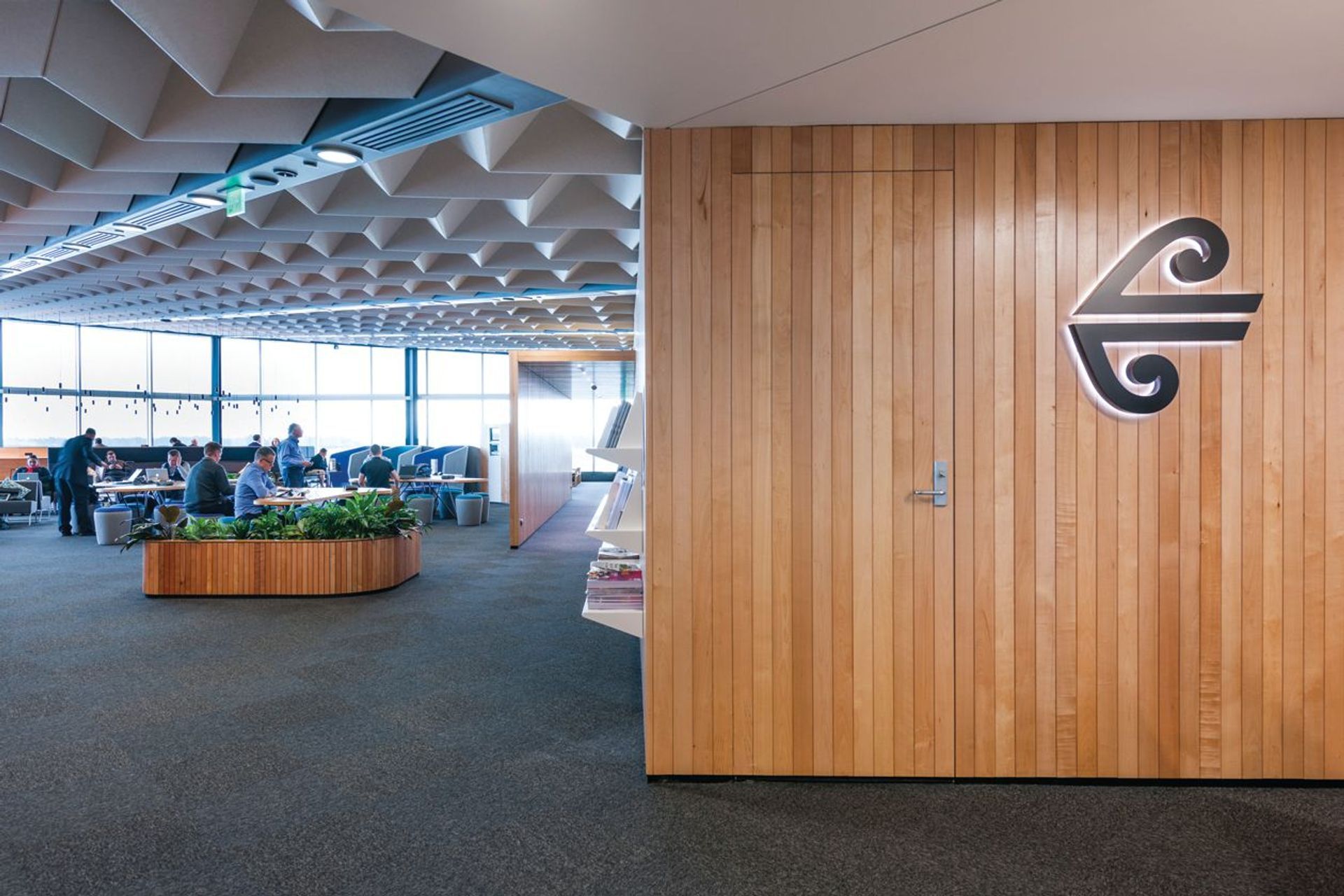 Southland Maple Beech accents bring warmth to the Koru Lounge in Christchurch.