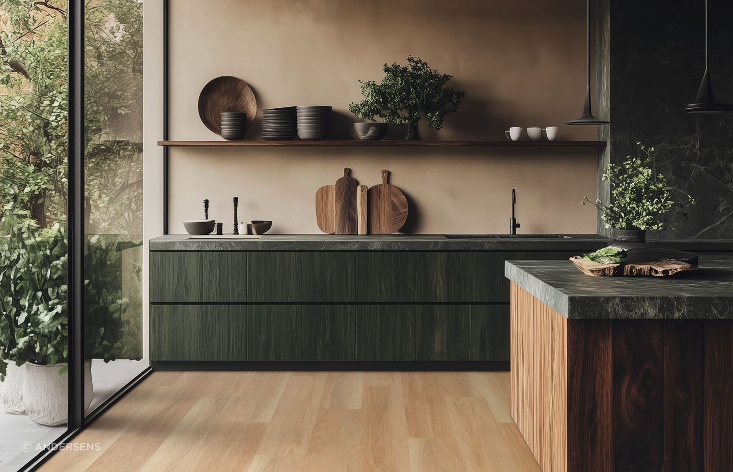 This stunning contemporary kitchen features Andersens' vinyl longboard flooring.