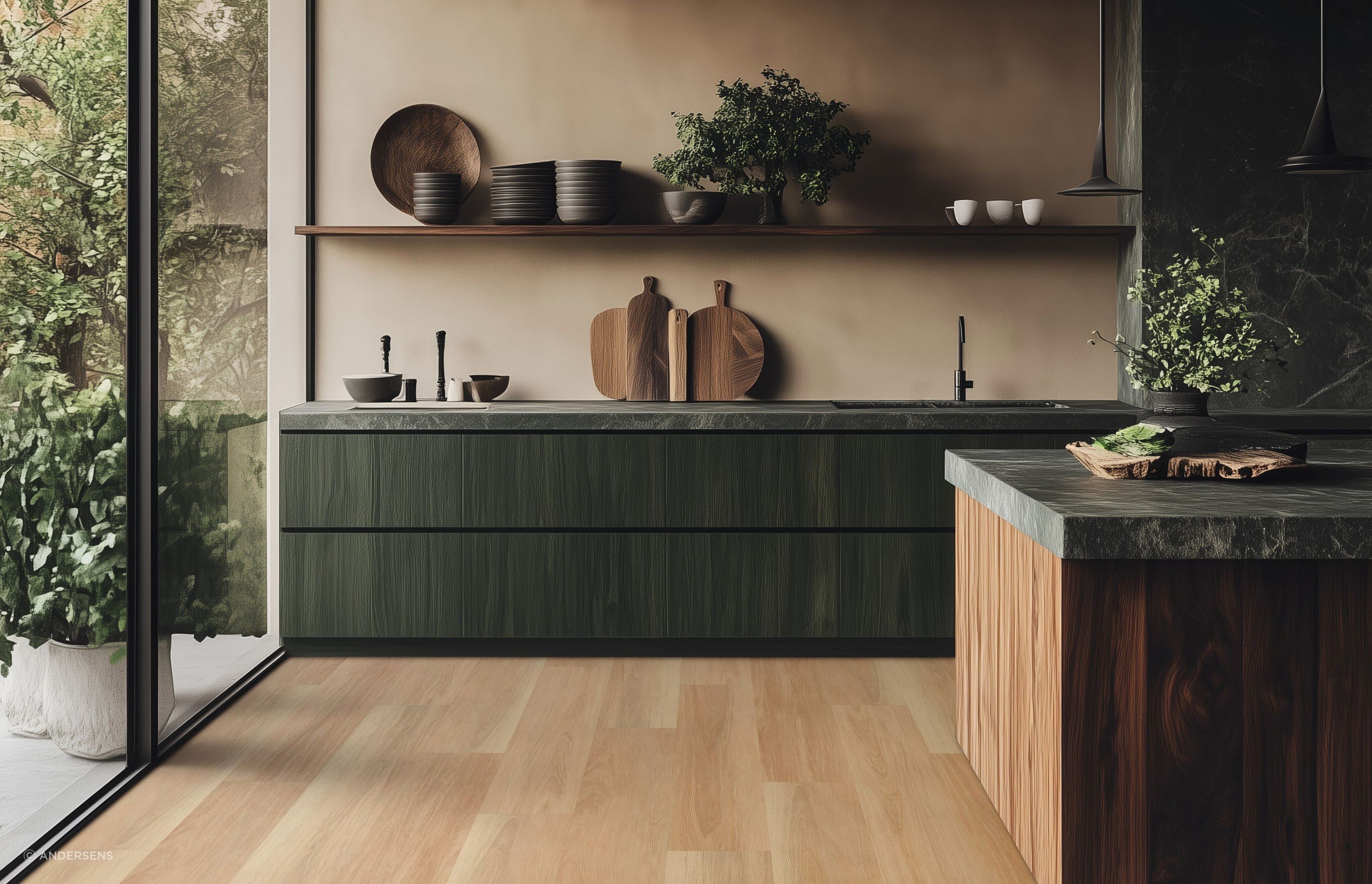 This stunning contemporary kitchen features Andersens' vinyl longboard flooring.