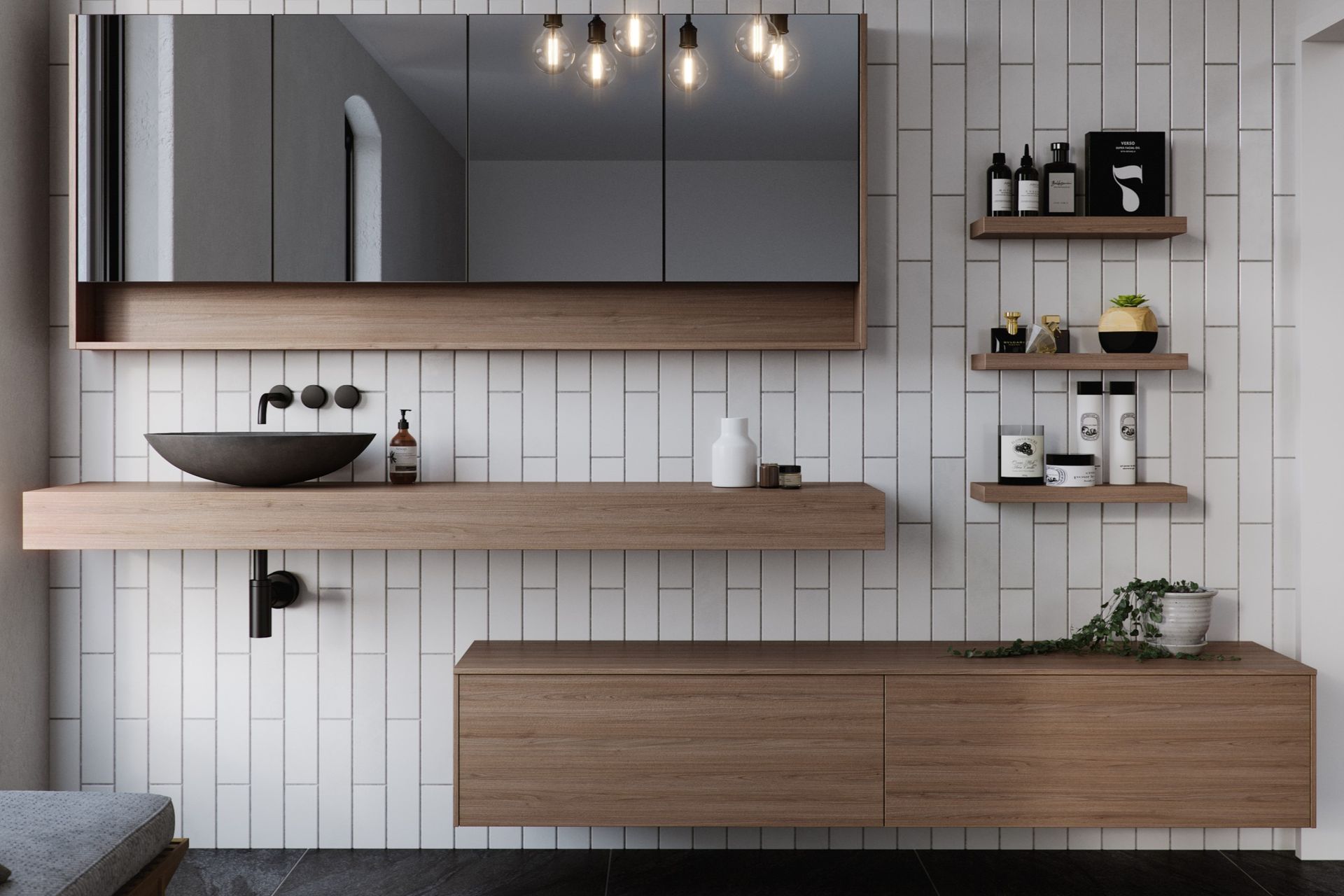 The unique Milan Vanity features a sleek, floating vanity top paired with a separate storage cabinet, offering tremendous design versatility and potential.