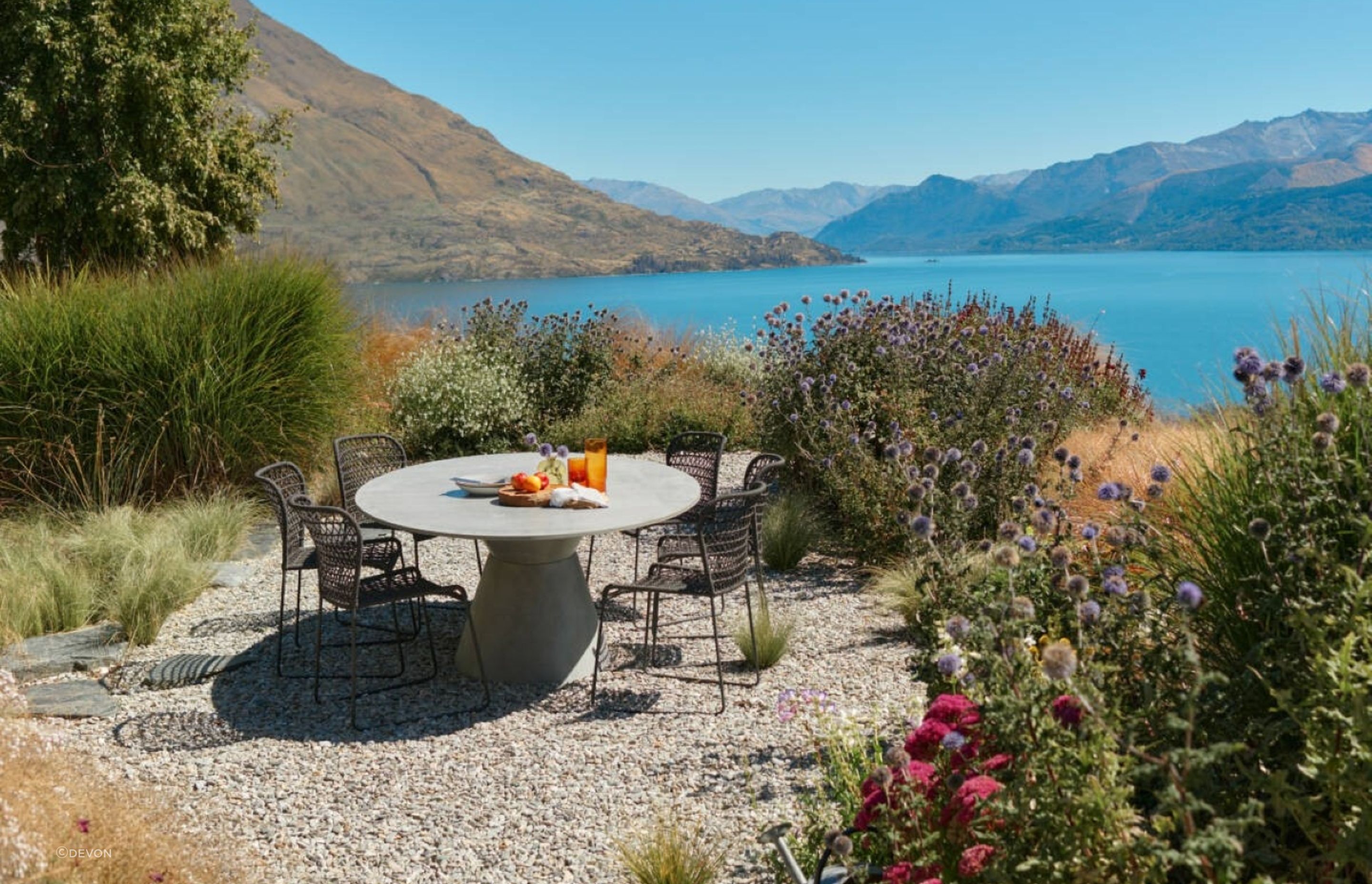 Inspired by Moke Lake in Queenstown, the Moke Dining Table offers a cool, contemporary take on alfresco dining.