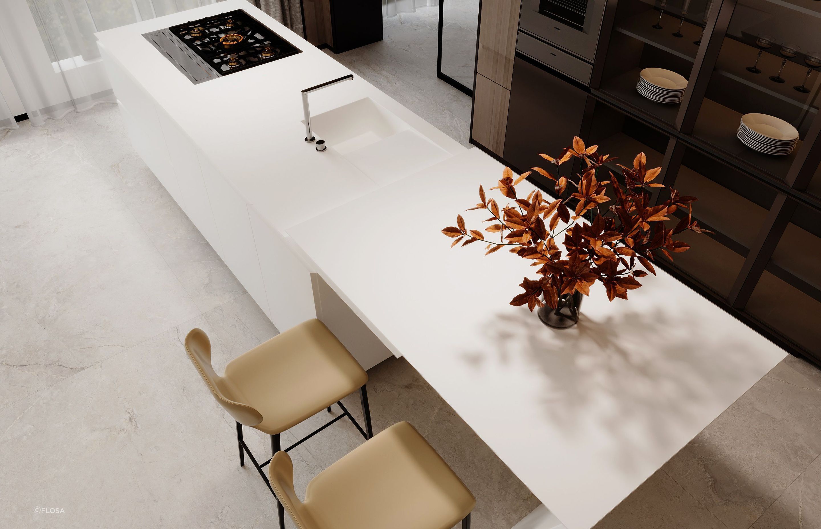 Porcelain slabs are fired at high temperatures to achieve a hard, glass-like finish that is incredibly durable and resistant to moisture, stains, and scratches.