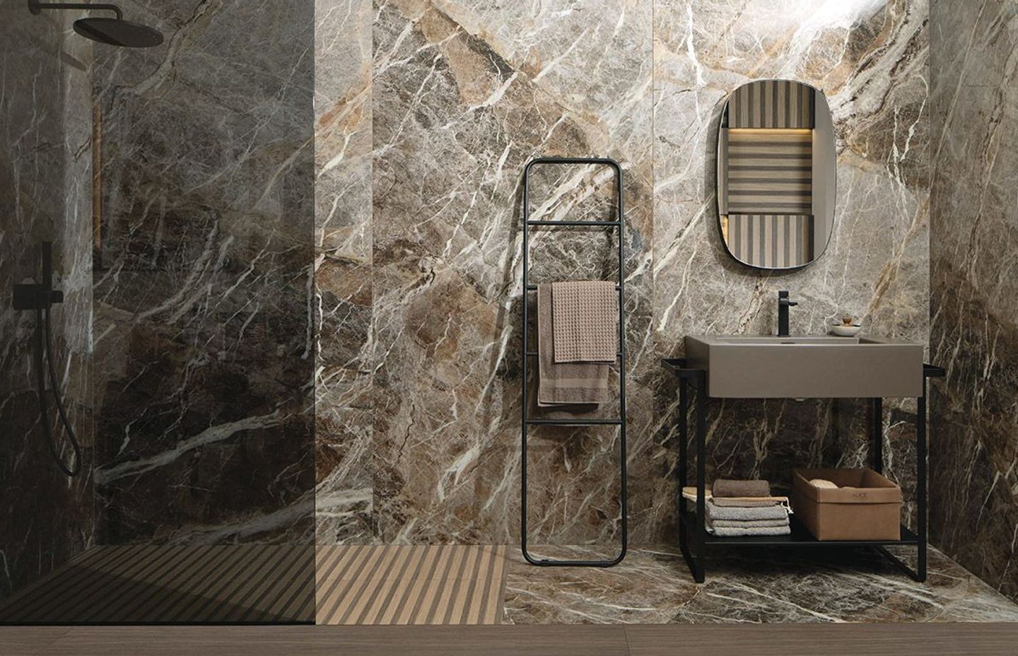 Striking wall and floor porcelain tiles used in a bathroom setting.