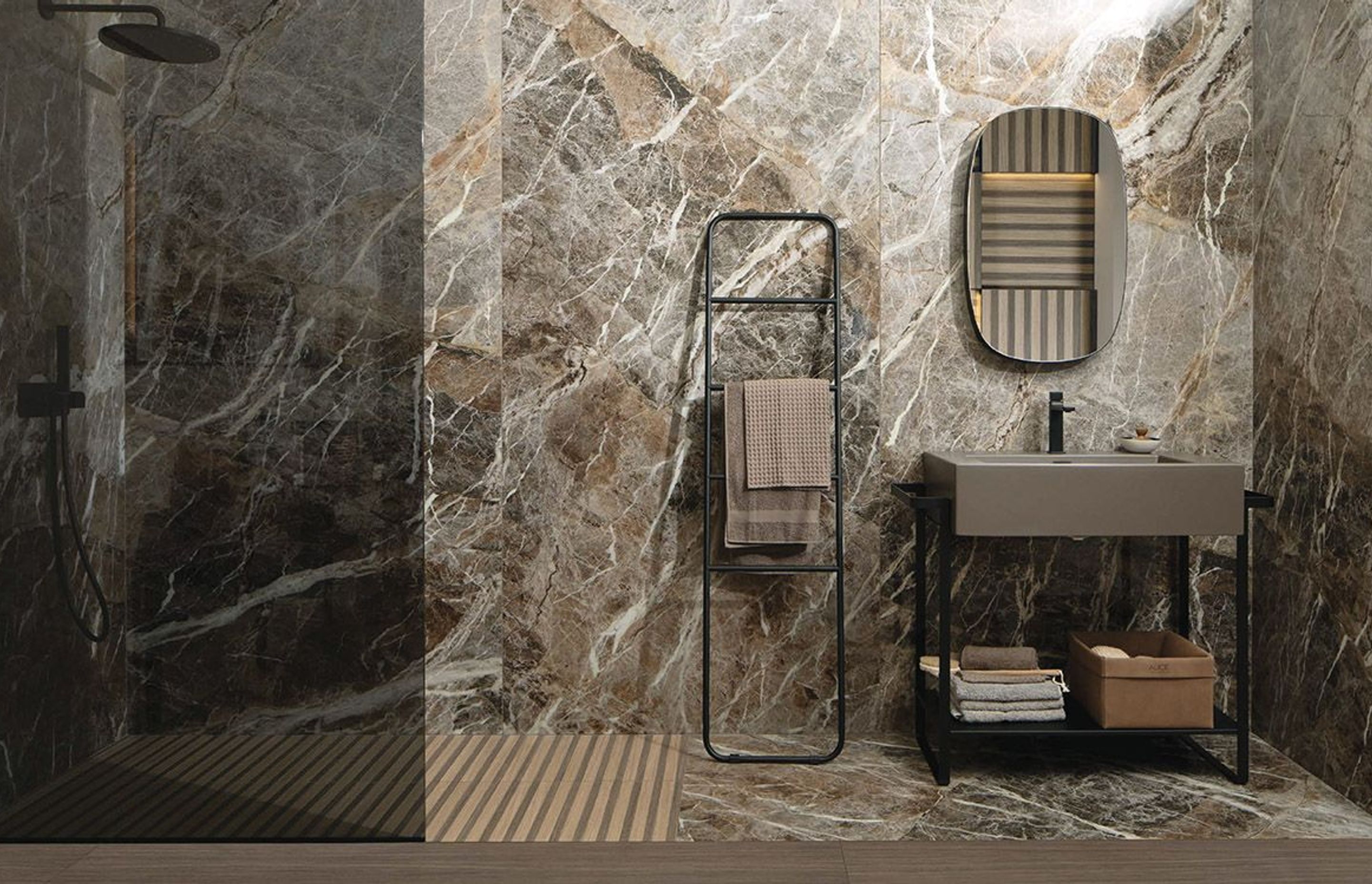 Striking wall and floor porcelain tiles used in a bathroom setting.