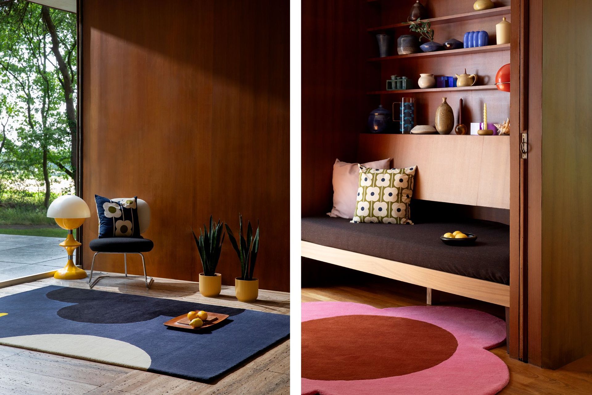 Left: Orla Kiely Geo Flower Rug - Denim. Right: Orla Kiely Spot Flower Rug - Pink and Red