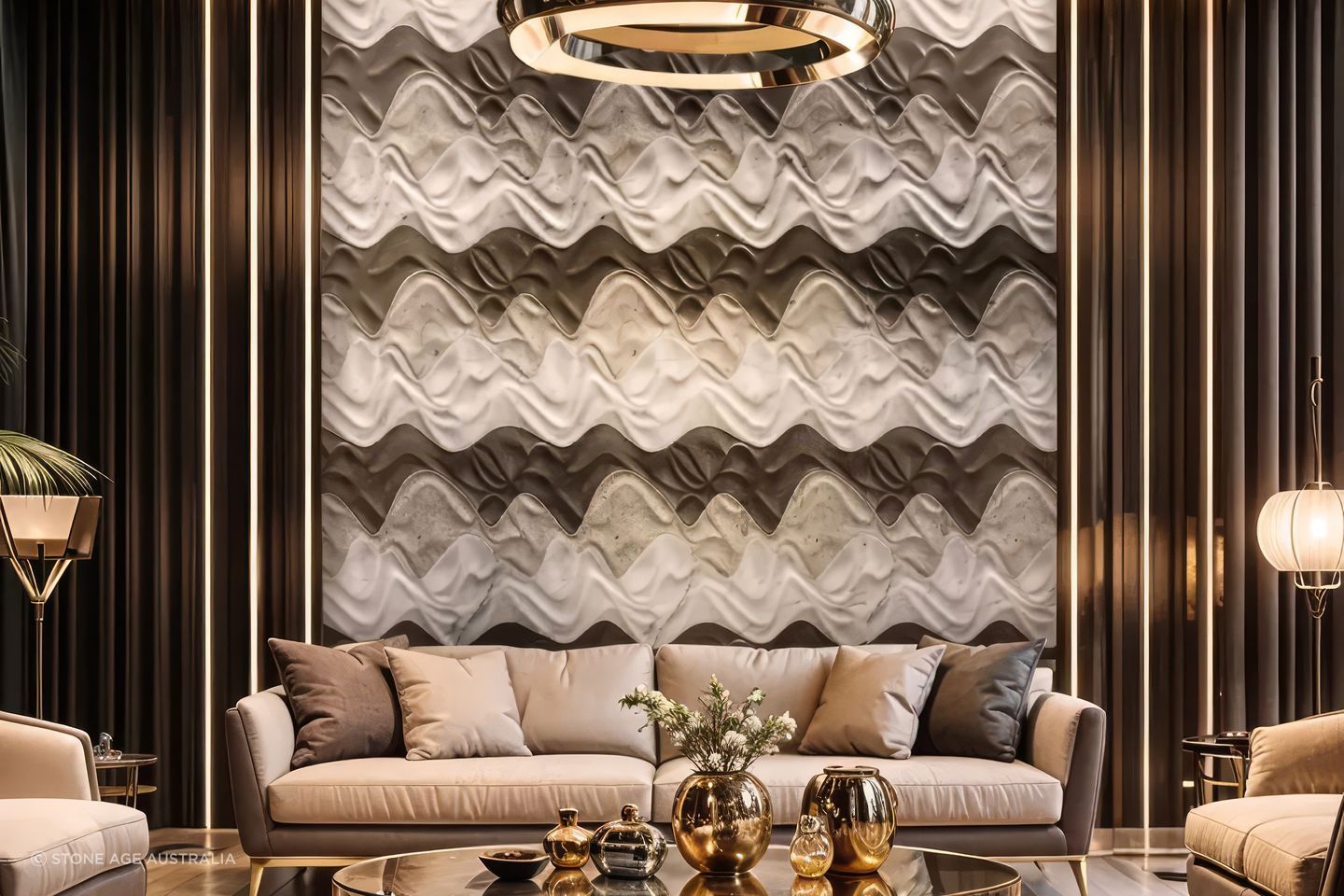 A statement in stone, this intricate 3D feature wall is composed on Smoke Grey Marble, Sea Grey Limestone and Bianco Carrara Marble, meticulously layered and sculpted to create a flowing wave-like surface.