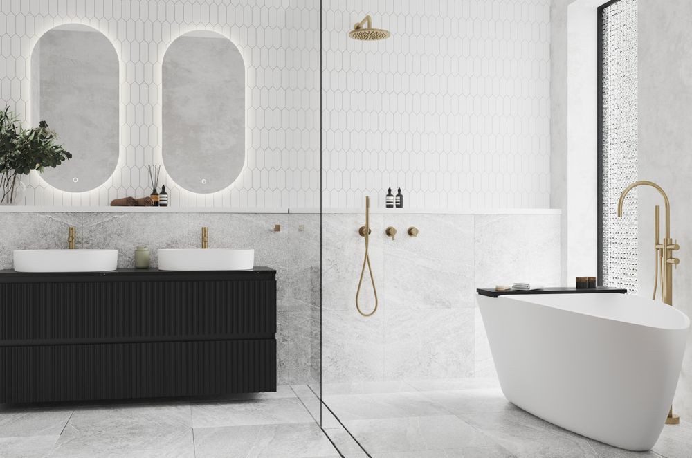 Porscha Luxe vanity with black extrusions, Midnight Stone Quartz top and Toni Oval basins.