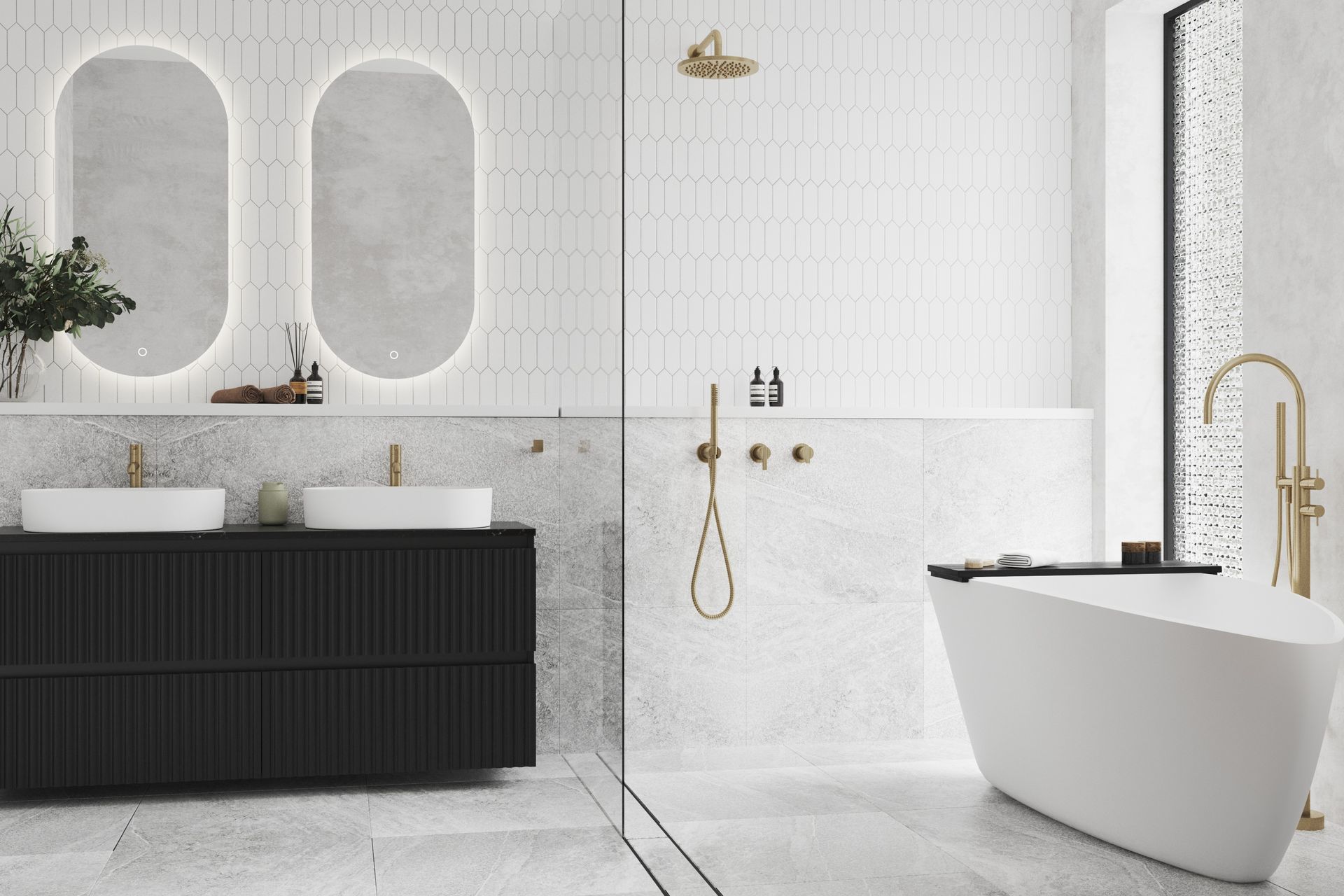 Porscha Luxe vanity with black extrusions, Midnight Stone Quartz top and Toni Oval basins.