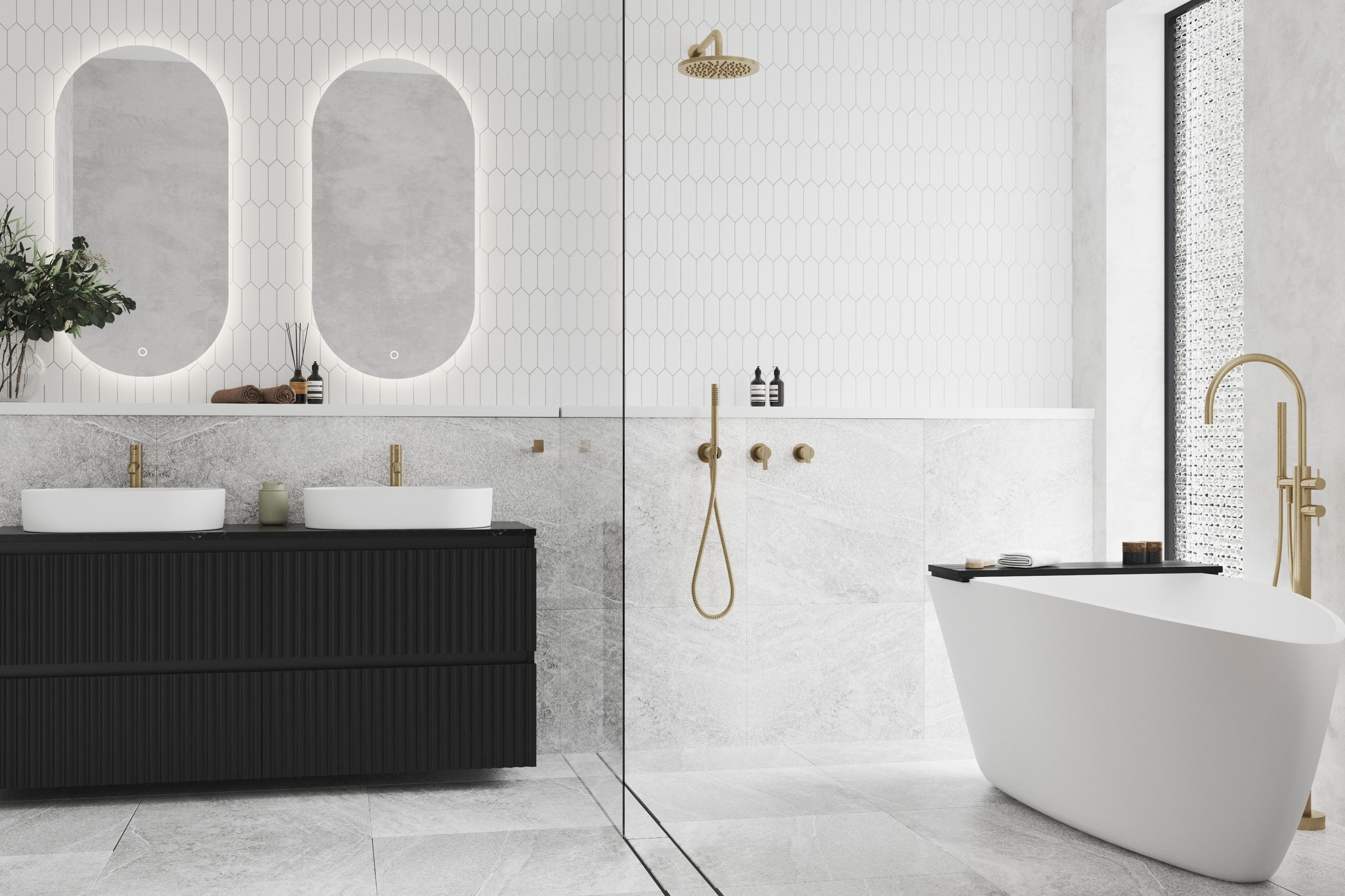 Porscha Luxe vanity with black extrusions, Midnight Stone Quartz top and Toni Oval basins.