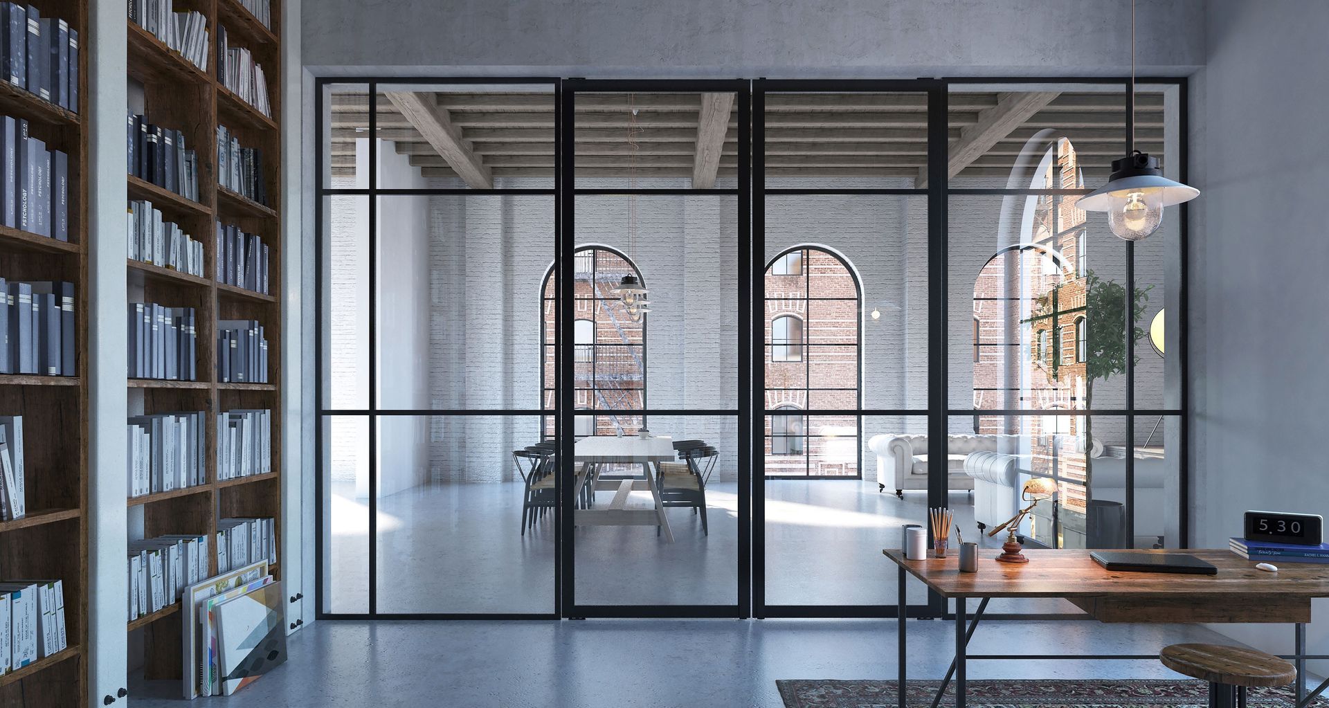 This stunning minimalist interior features Portapivot 5730 Door, Portapivot 3530 Series Fixed Panels and Portapivot Stealth Pivots from Urbane Design Studio.