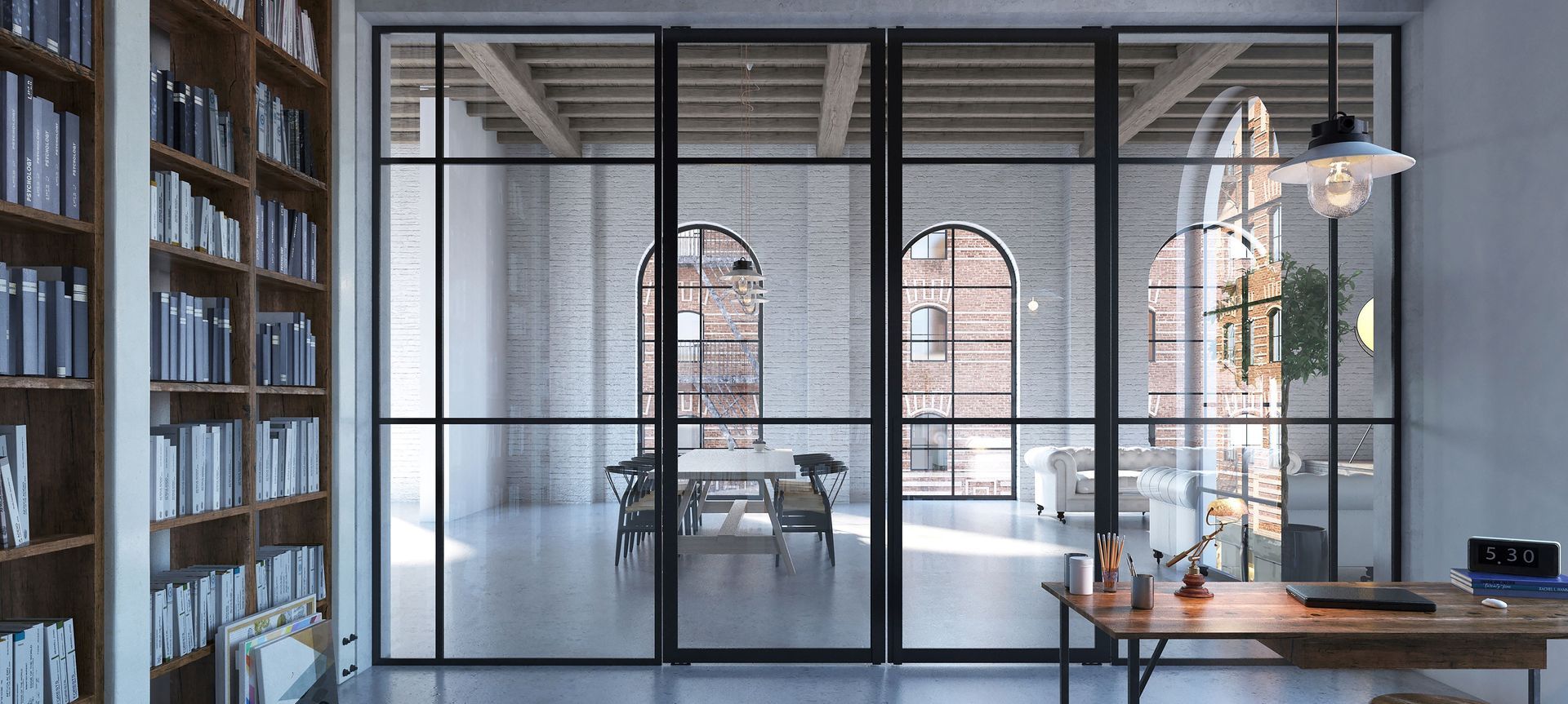 This stunning minimalist interior features Portapivot 5730 Door, Portapivot 3530 Series Fixed Panels and Portapivot Stealth Pivots from Urbane Design Studio.