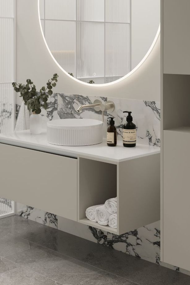 The Savanna Luxe Wall Vanity in shade 'Dawn Grey' is designed with a StoneCast slab top and an exposed basin