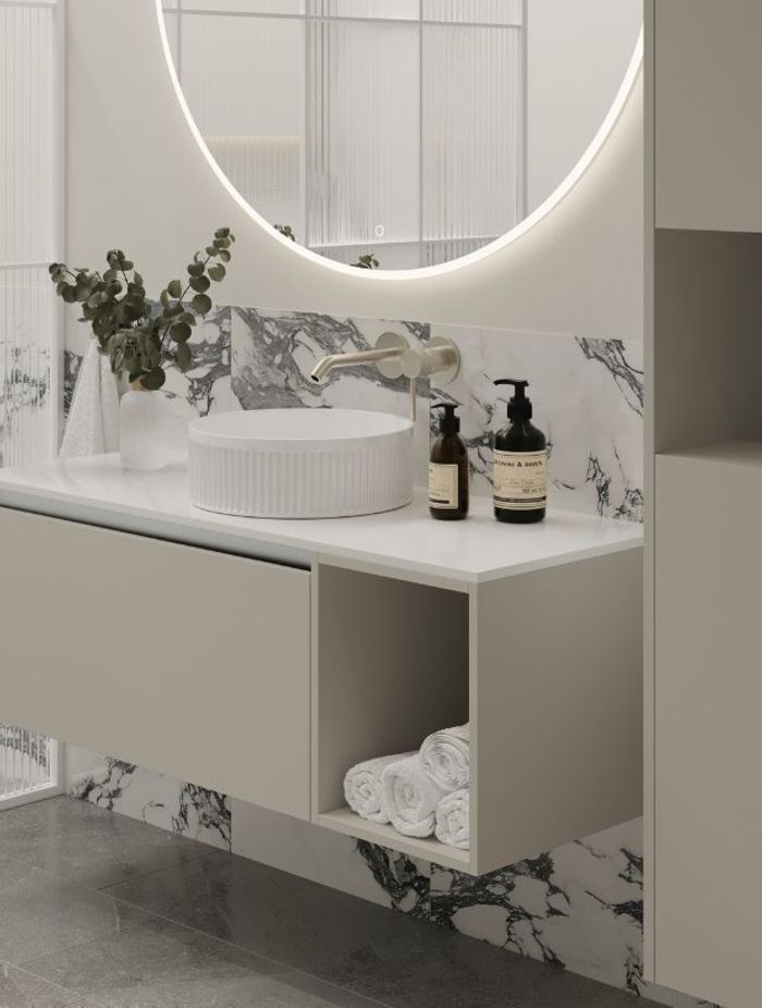 The Savanna Luxe Wall Vanity in shade 'Dawn Grey' is designed with a StoneCast slab top and an exposed basin