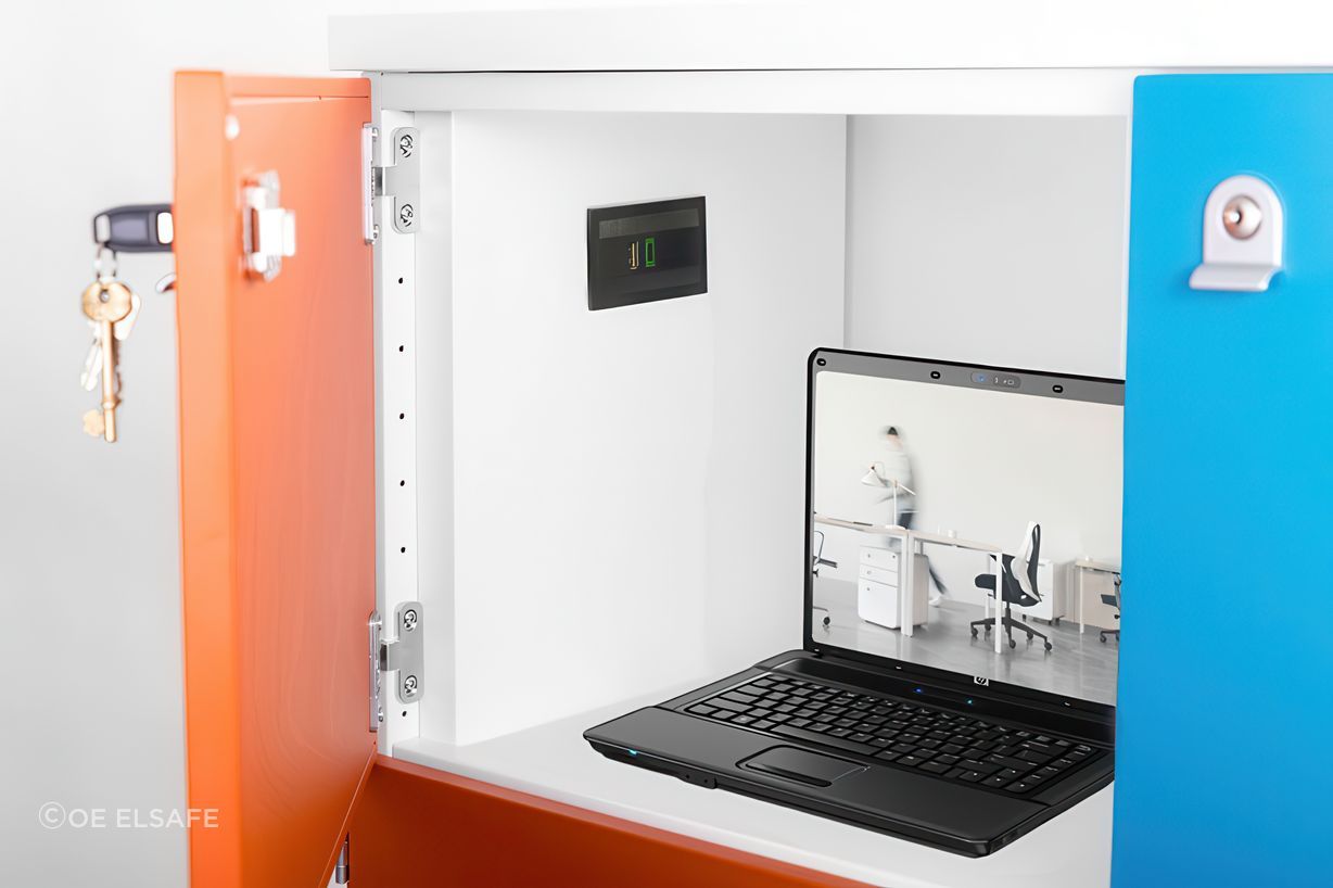 Locker fitted with a QikFIT TUF-power module. QikFIT TUF USB modules are available in two power options: 25W for tablet and smartphone charging or 65W to include laptop charging.