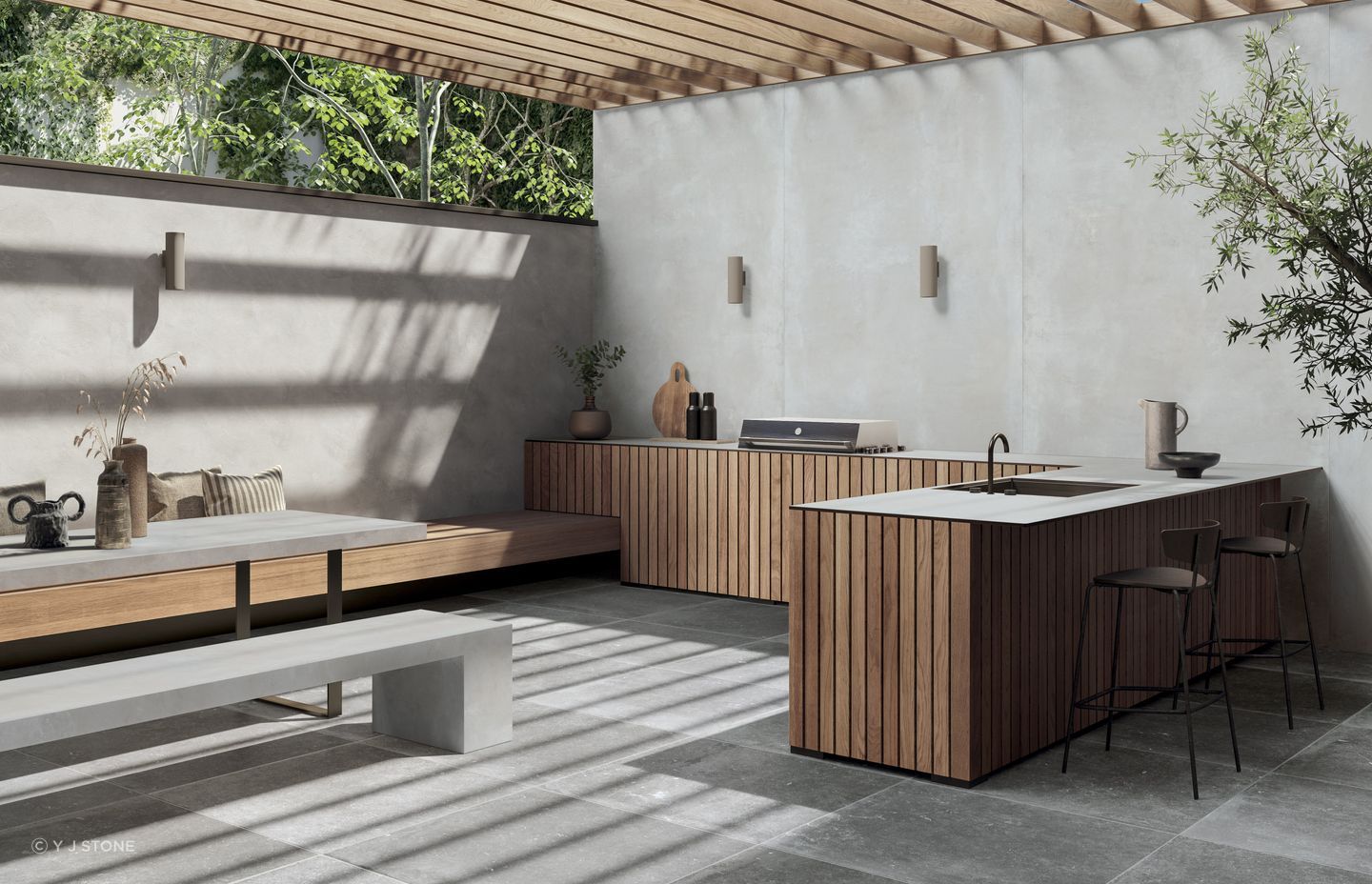 Porcelain slabs can be used outdoors for bench tops, walls, furniture and more.