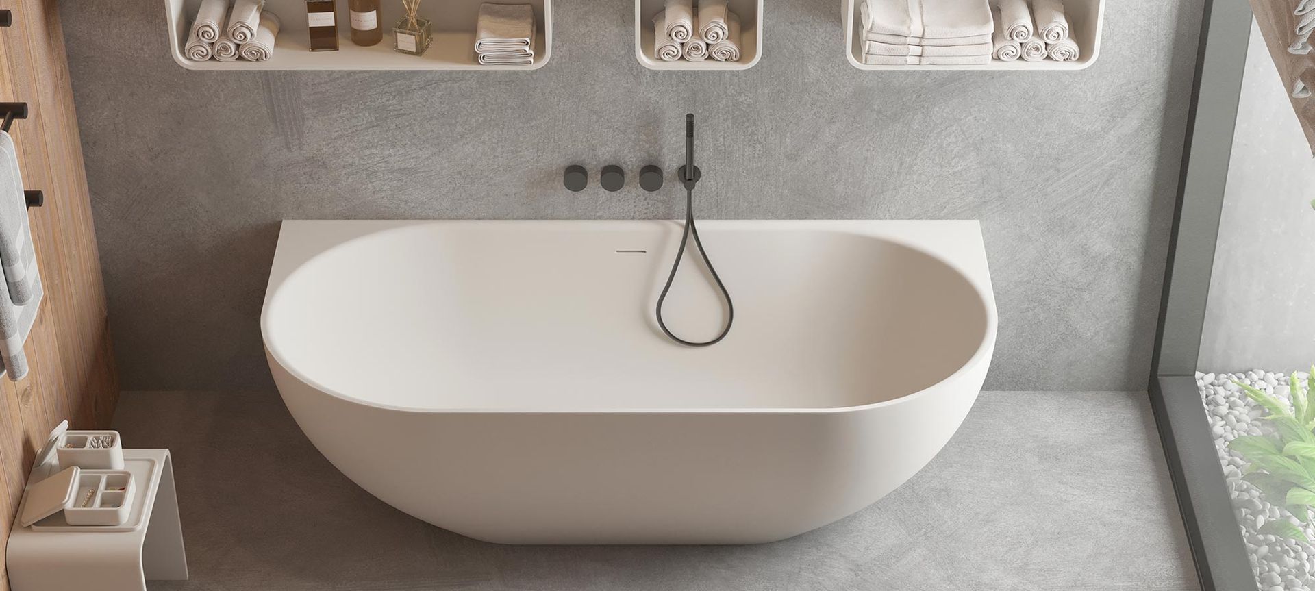 The Justina Back-to-Wall Stone Bath by Stonebaths.