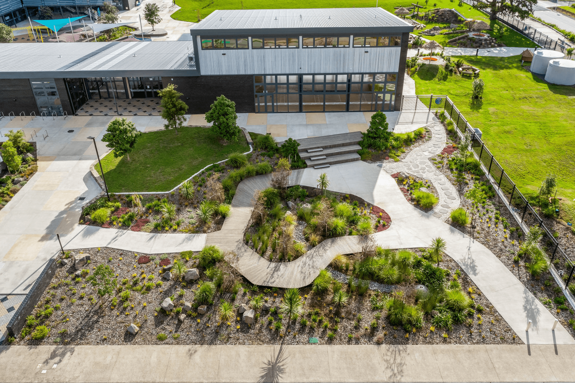 A mixed path and boardwalk surrounding several different native plants.
