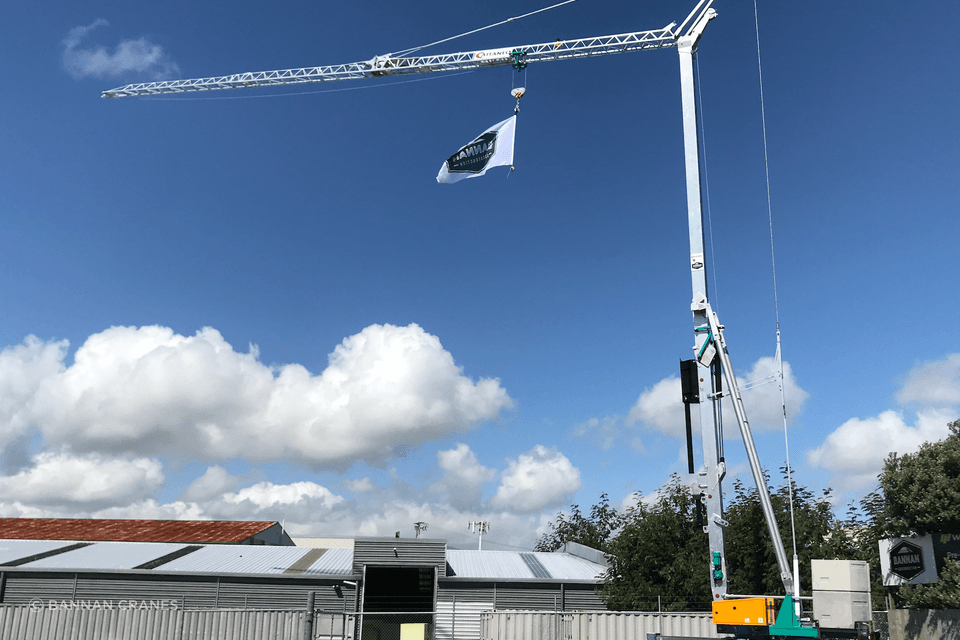 A self-erecting crane has a smaller base platform and increased angle.