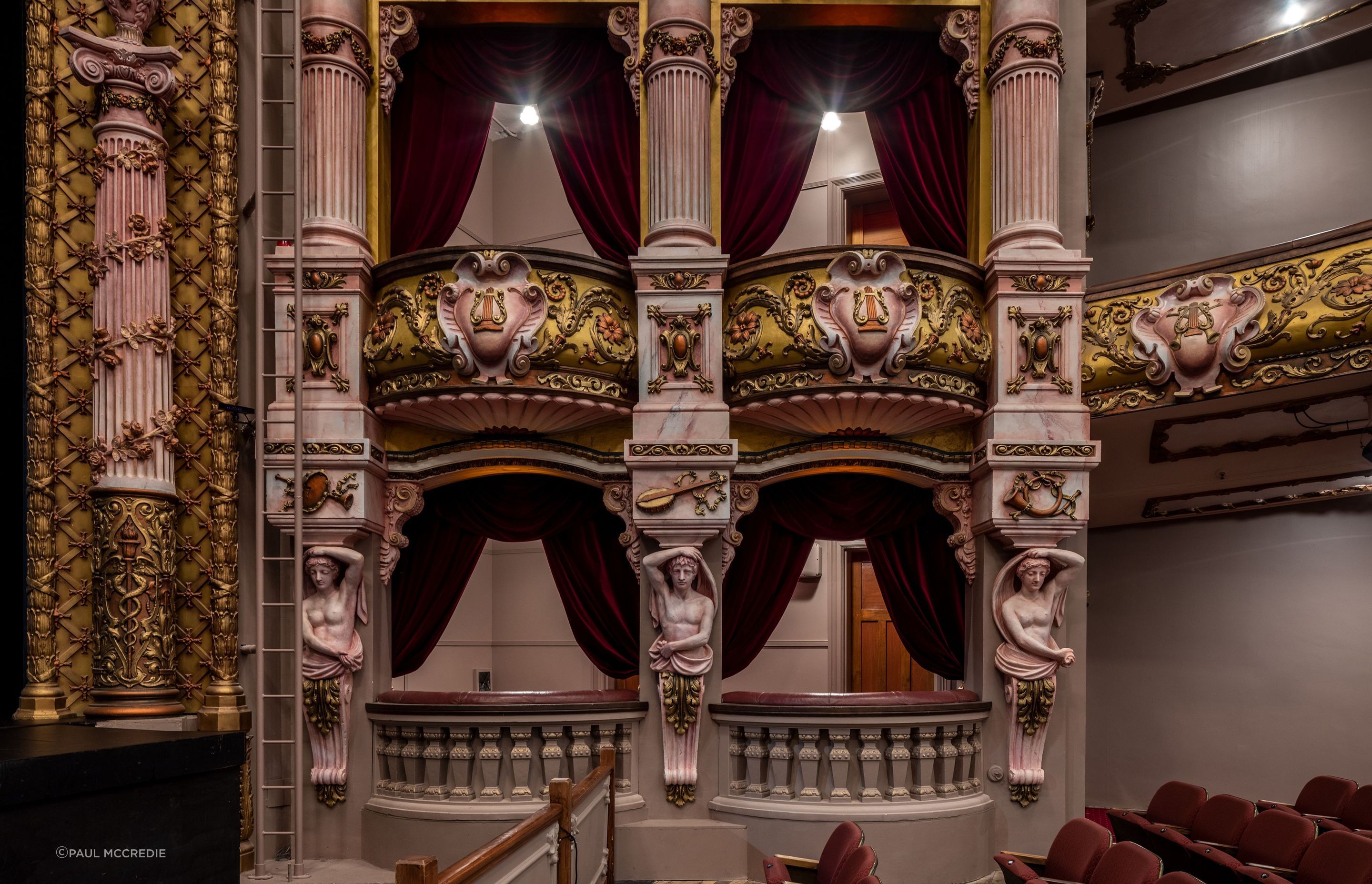 Working closely with Heritage New Zealand, the final palette for the St. James Theatre restoration consisted of soft pinks, velvety reds and pale greens, in a deliberate nod to the original 1912 scheme.