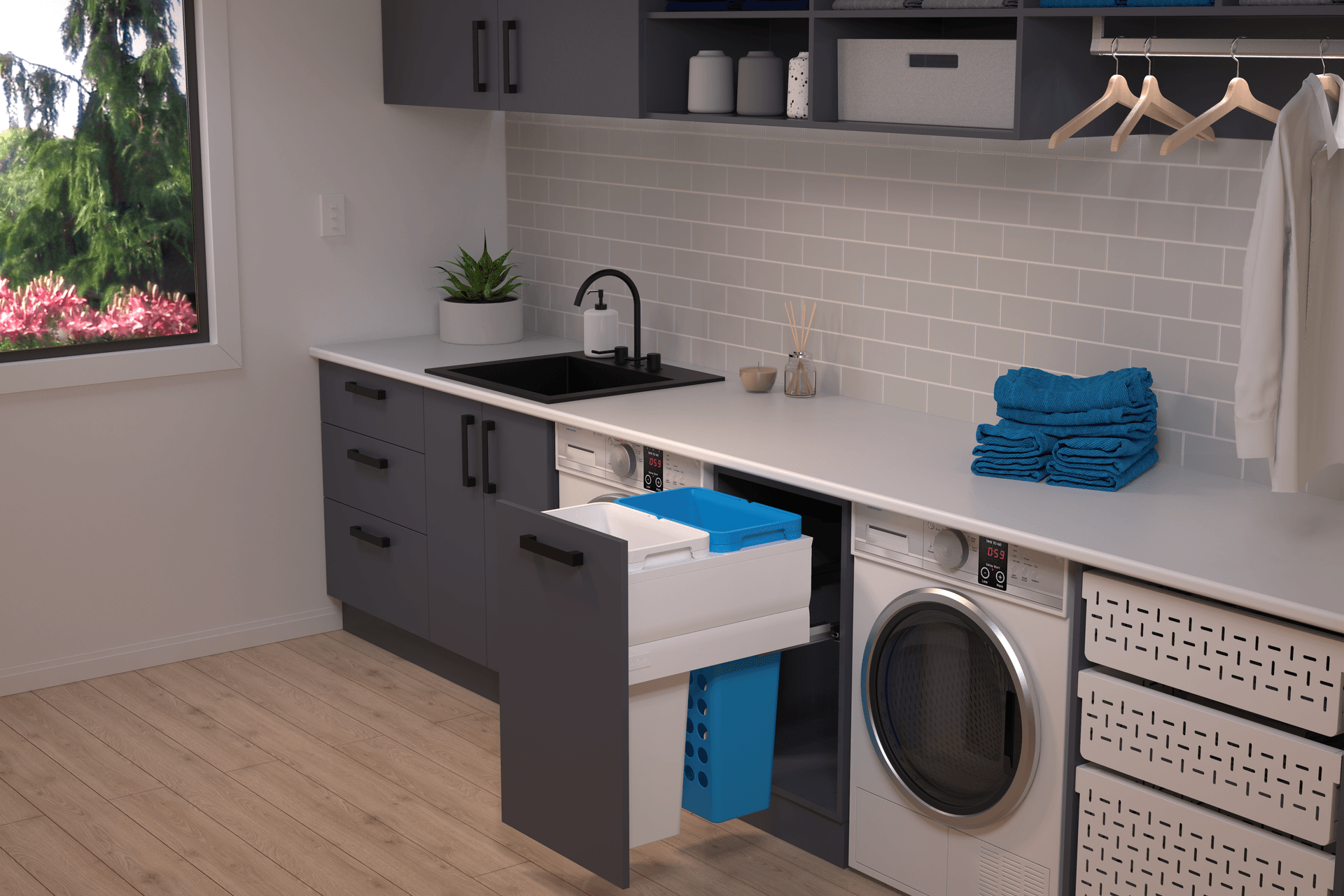 Practical baskets keep laundry out of sight