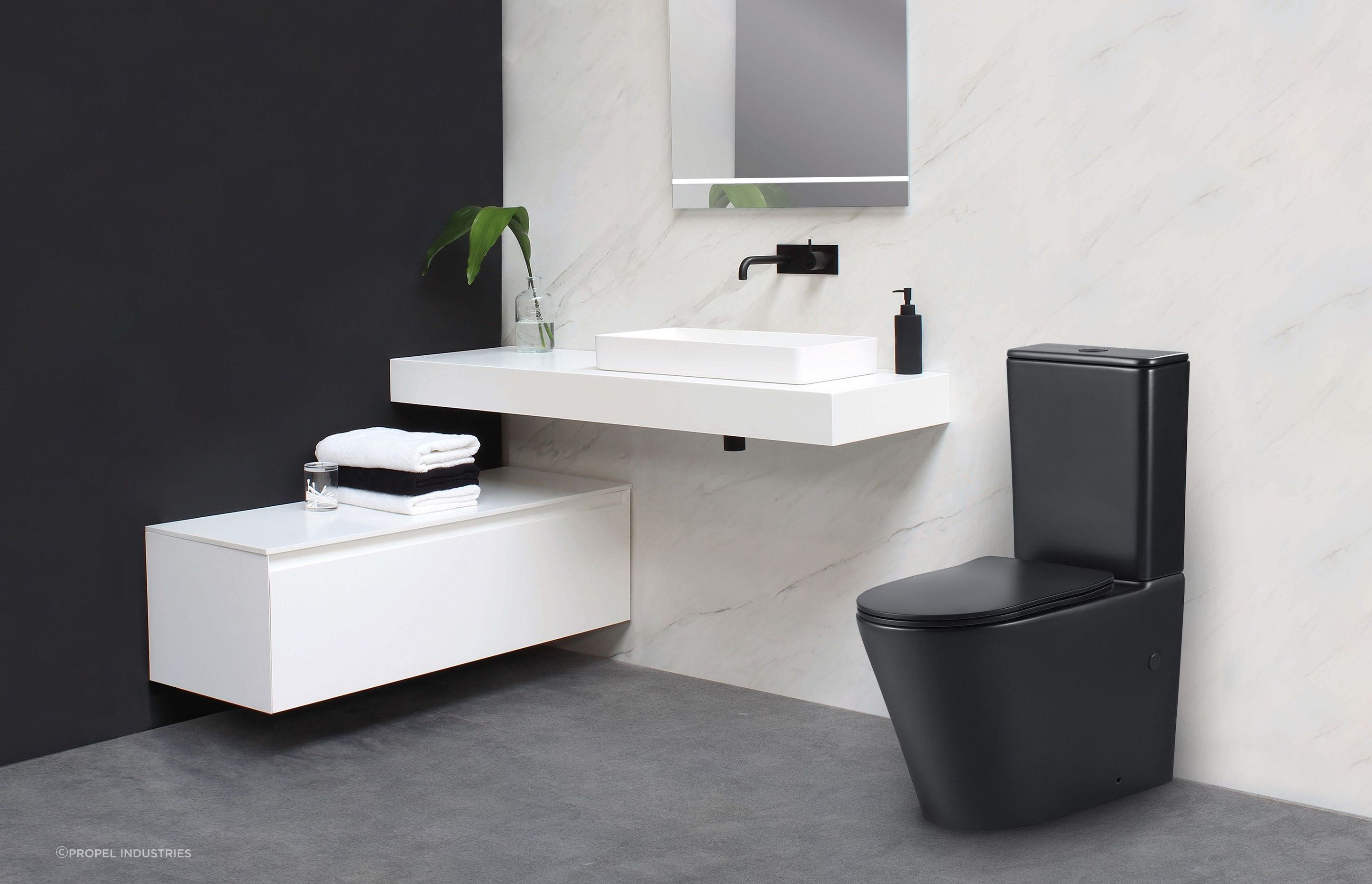 A refined profile and a powerful yet quiet flushing system makes the Tornado Zero Rim Toilet Suite an appealing choice.