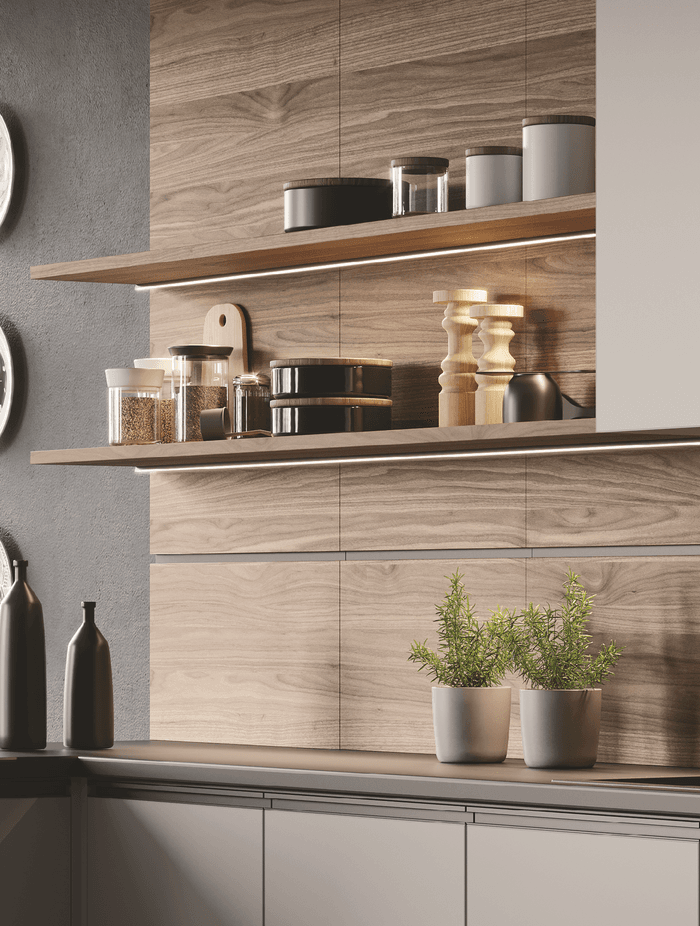 “Ambient lights will set the mood with a soft glow, while task lights will focus stronger light over key workspaces such as an island or countertop,” says Boakes.