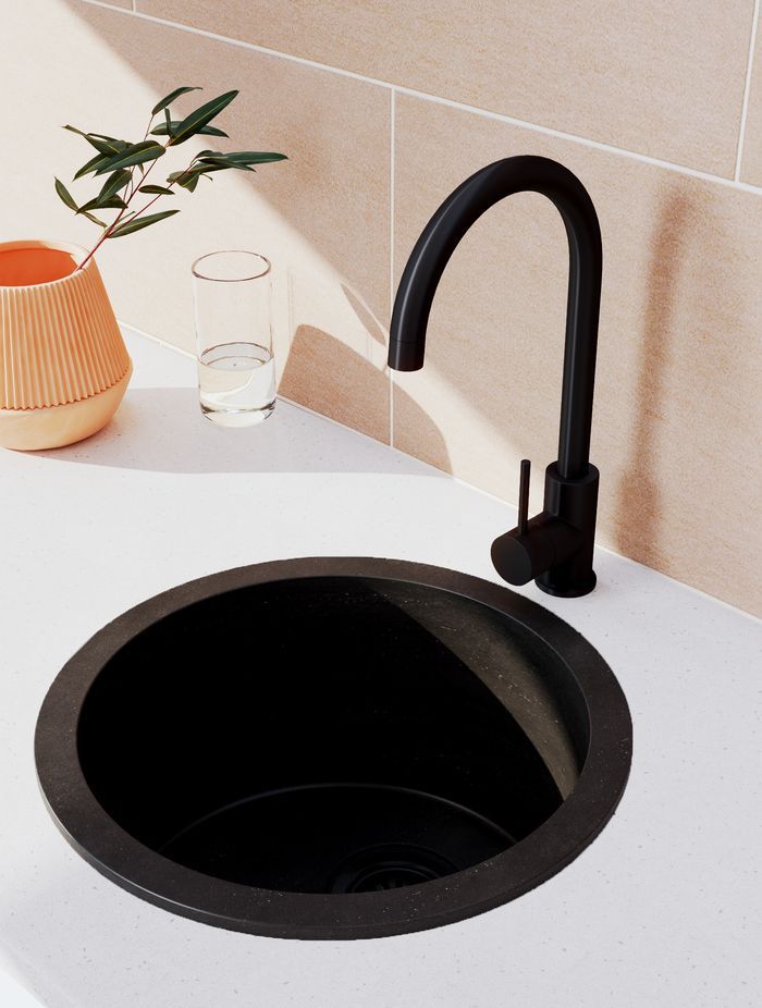 The ABI Vera Round Sink in Black Granite is a compact and versatile bathroom sink with subtle textural qualities.