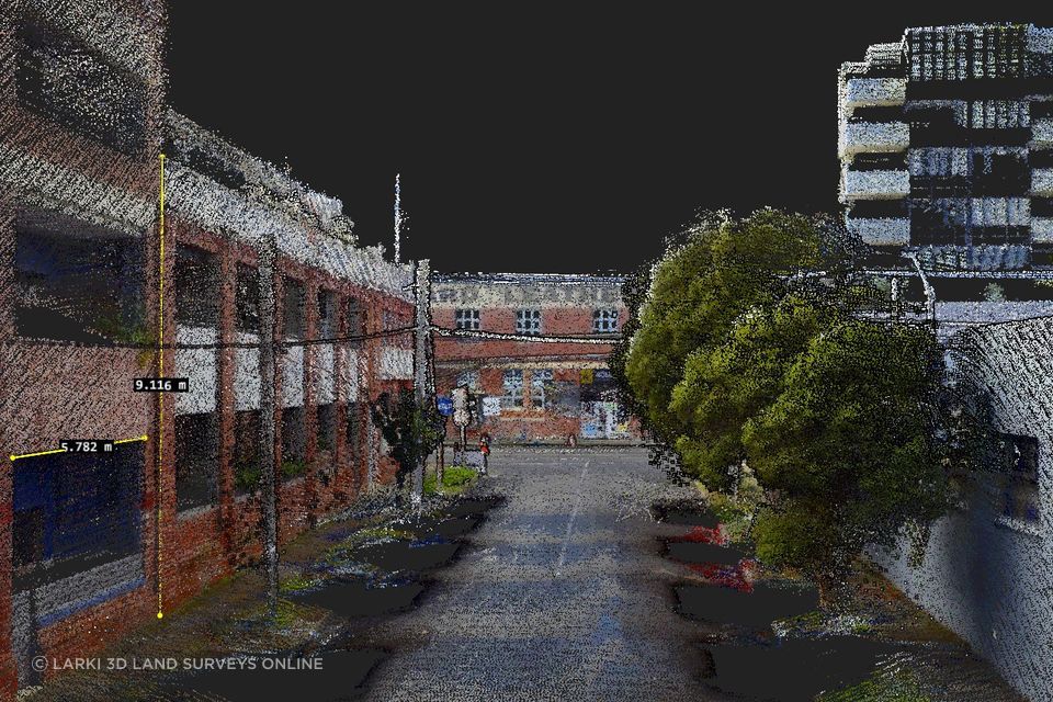 A 3D laser scan provides detailed front facades and features from the street.