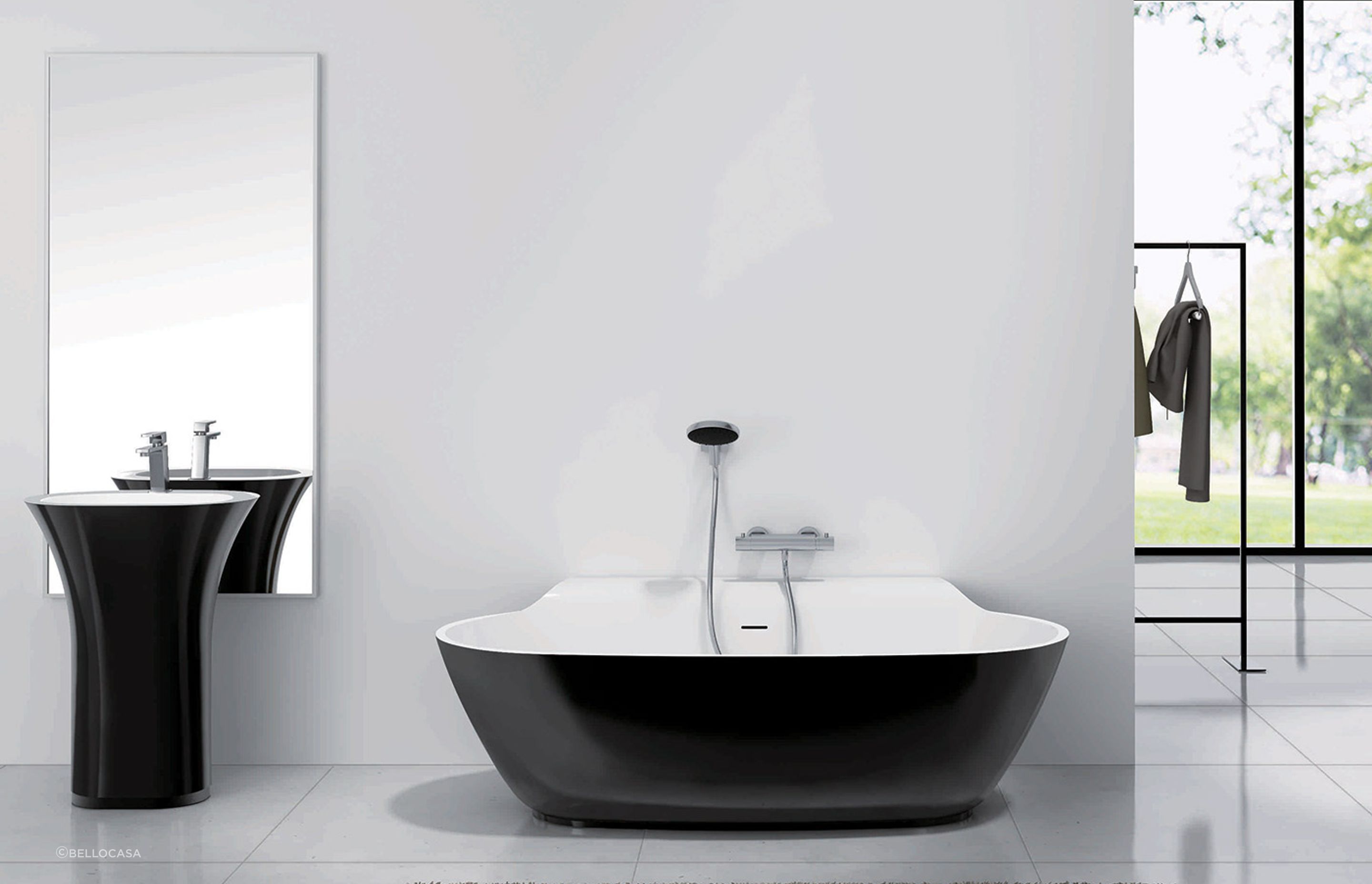 The back to wall shelf design of the Alice Back to Wall Bath by BelloCasa provides a handy place to rest arms or glasses