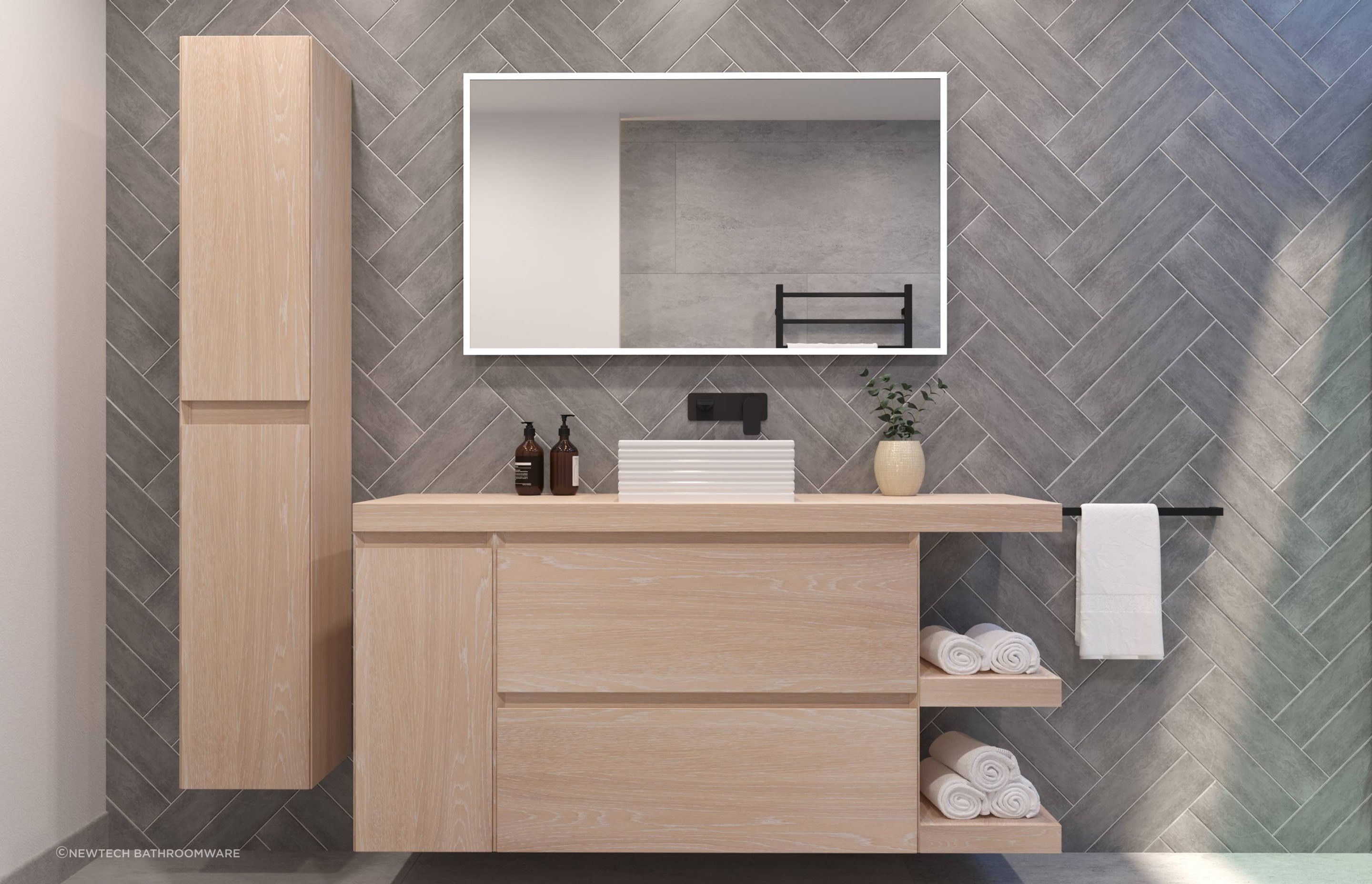 The Milazzo Modular Bathroom System vanities give you great customisation like open shelving and closed storage.