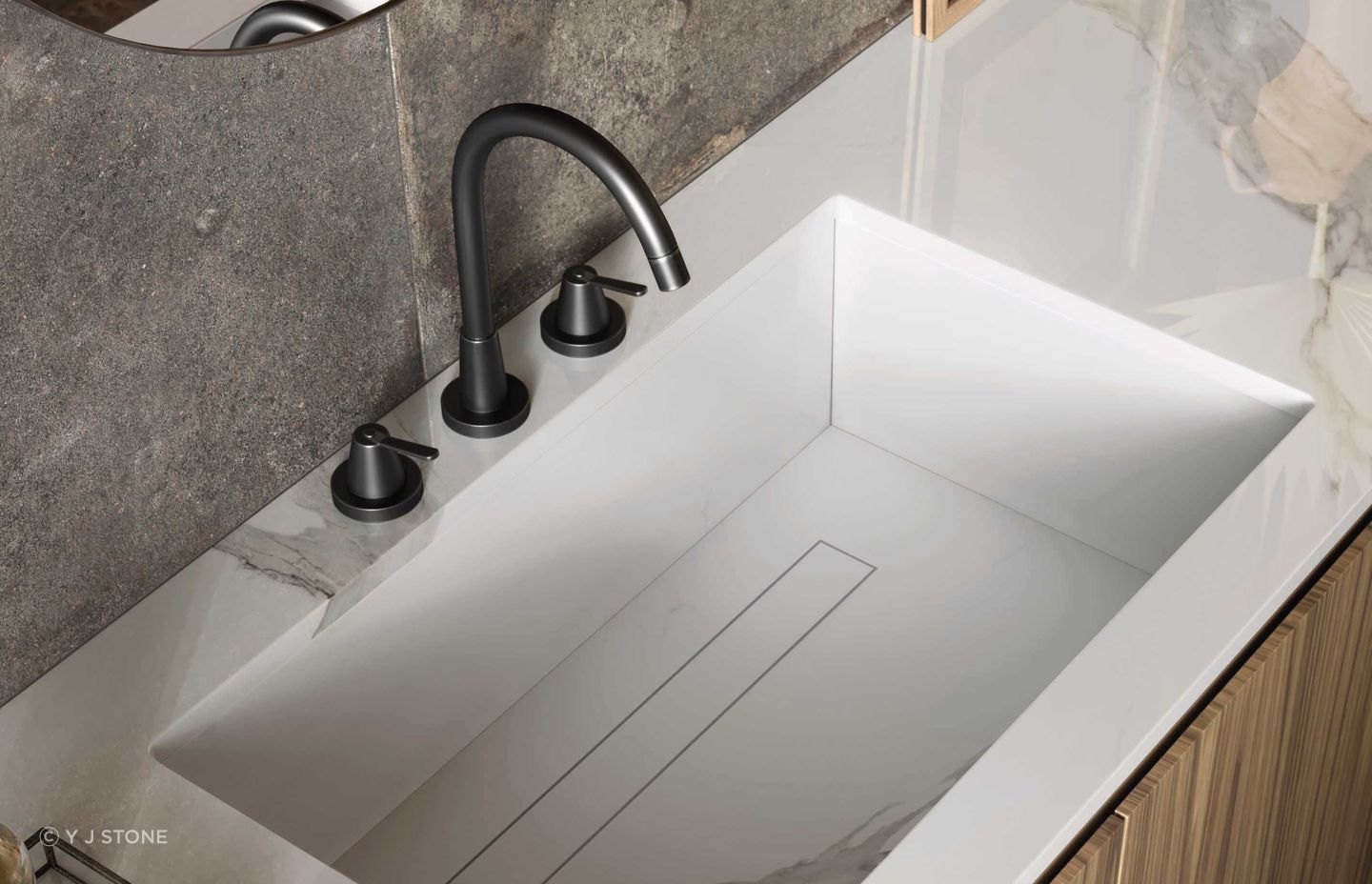 Porcelain slabs perform well in a bathroom environment and can be used for vanity tops, washbasins and shower trays.