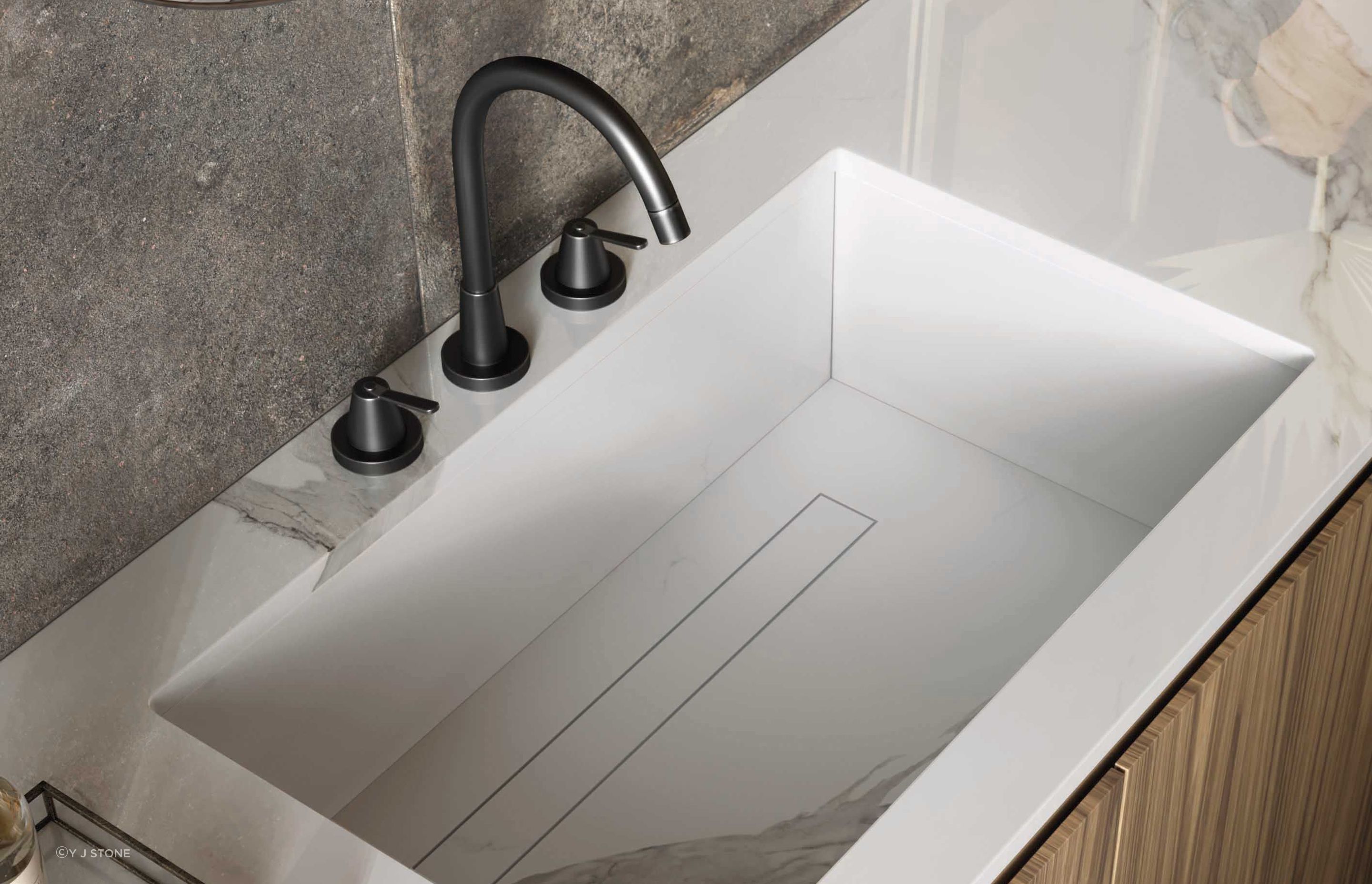 Porcelain slabs perform well in a bathroom environment and can be used for vanity tops, washbasins and shower trays.