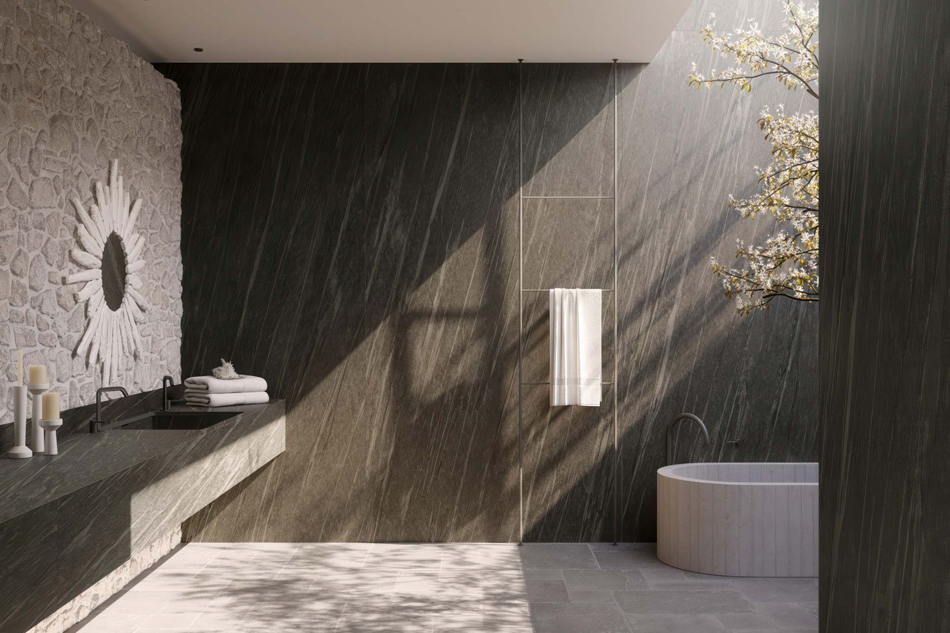 Cladding and bathroom countertop with Neolith Ignea.