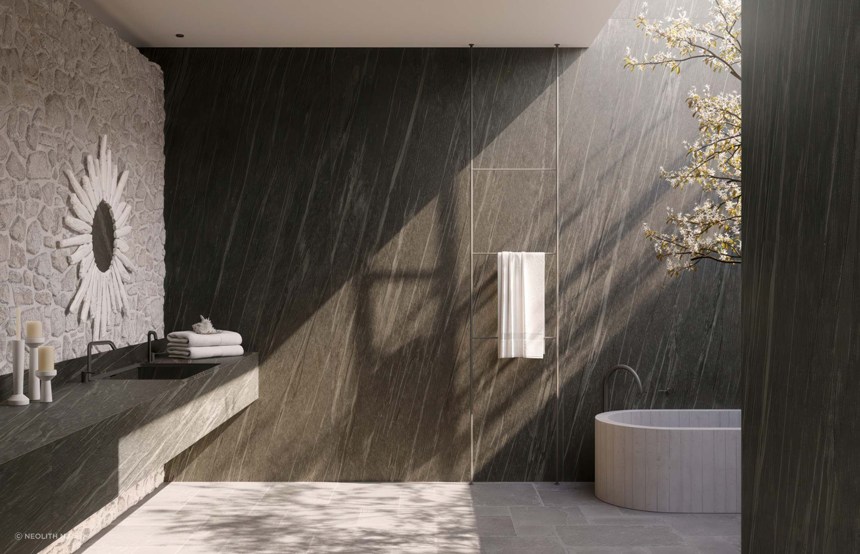 Cladding and bathroom countertop with Neolith Ignea.