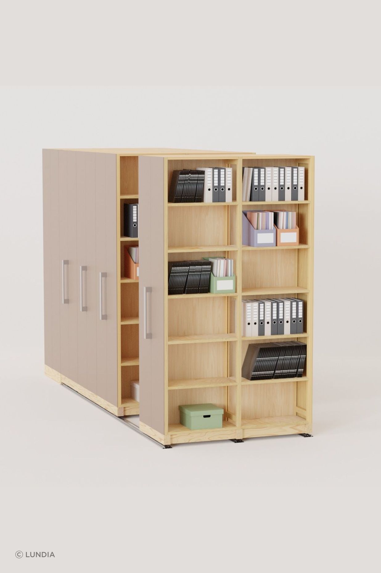Lundia's bespoke Mobile Shelving Systems are made from FSC-certified pine, tailored to meet your specific needs.