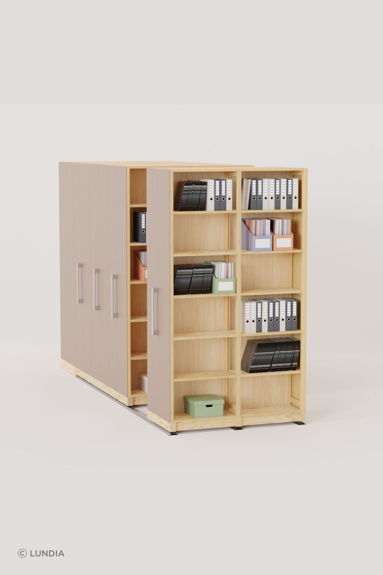 Lundia's bespoke Mobile Shelving Systems are made from FSC-certified pine, tailored to meet your specific needs.